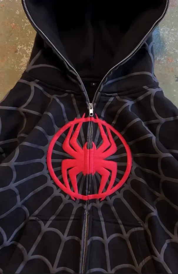 Y2K American Spider Pattern Embroidery Zip Up Hoodie Men Women Gothic Harajuku Jacket Fashion Hoodie Sweatshirt Casual Clothes