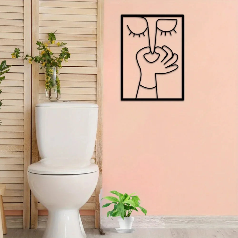 1pc Unique Metal Portrait Funny Toilet Wall Art - Humorous Bathroom Sign with Minimal Line Art Design - Restroom Decor