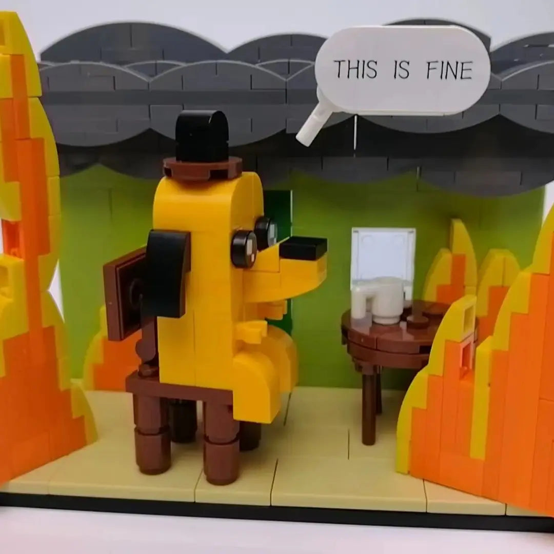 299PC MOC This is Fine Dog Building Block Kit Cartoon Fire Meme Vignette Hound Dog Animal Brick Model Toy For Children Gifts