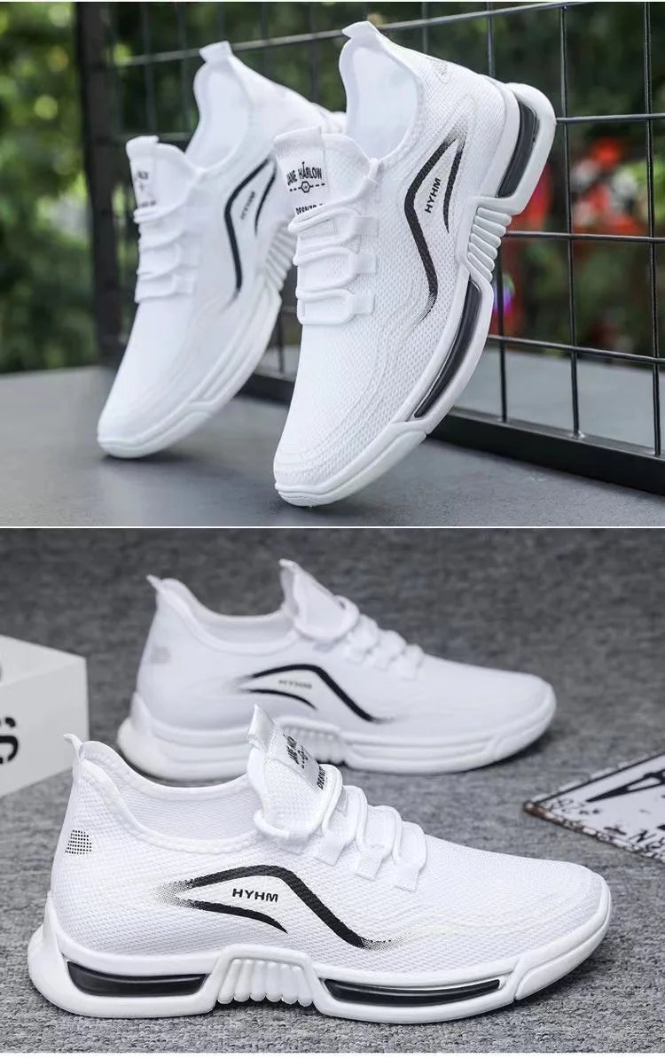 2025 new men's shoes, sports and trendy shoes, anti slip and casual running, fly woven breathable and comfortable white shoes