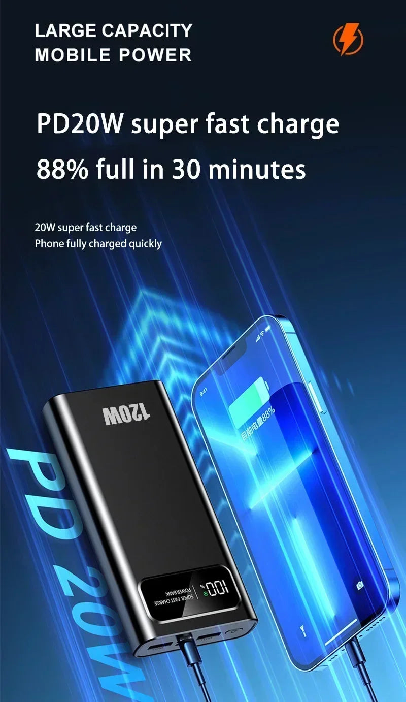 200000mAh Power Bank 120W Super Fast Charging Ultralarge Capacity With LED Digital Display Portable External Battery For Phones