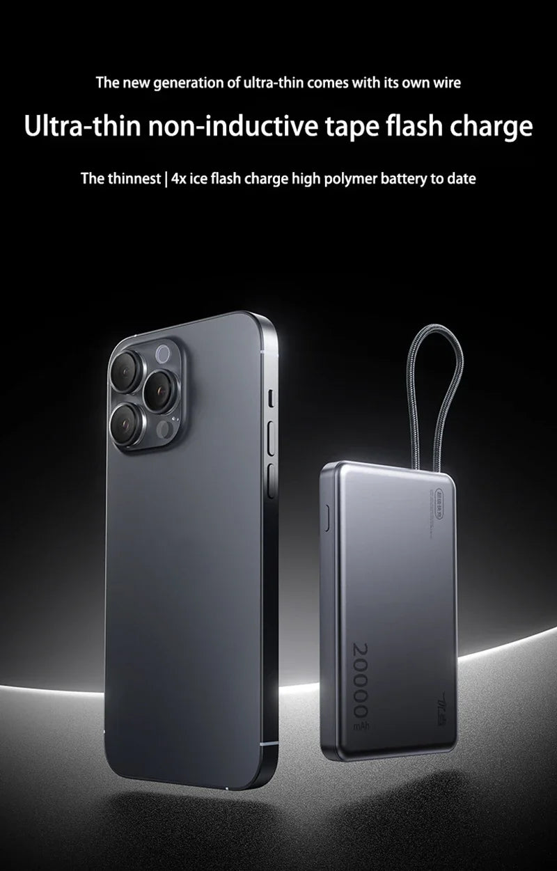 Xiaomi 20000mAh High Capacity Fast Charge Power Bank Genuine with Built-in Cable Ultra-thin Compact Portable Carried on Airplane