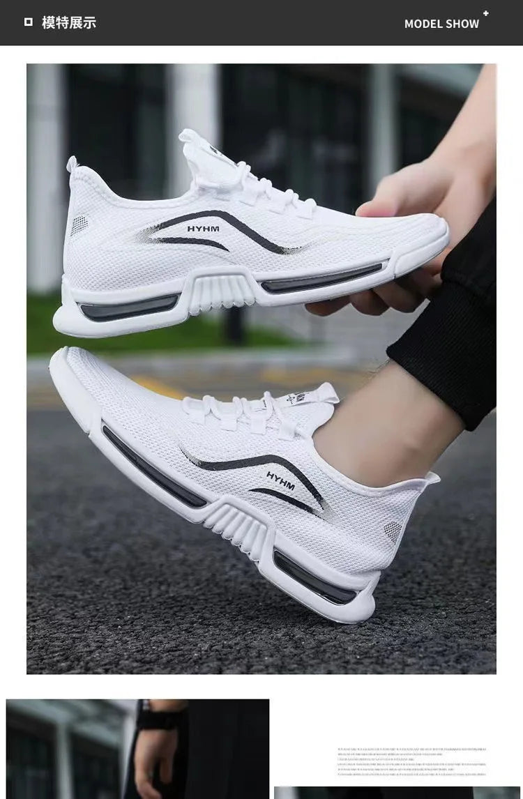 2025 new men's shoes, sports and trendy shoes, anti slip and casual running, fly woven breathable and comfortable white shoes