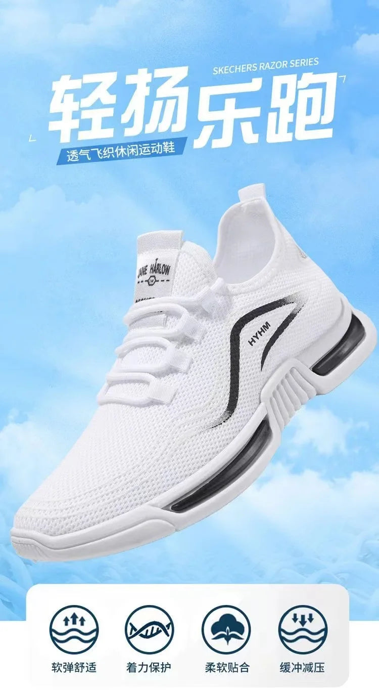 2025 new men's shoes, sports and trendy shoes, anti slip and casual running, fly woven breathable and comfortable white shoes