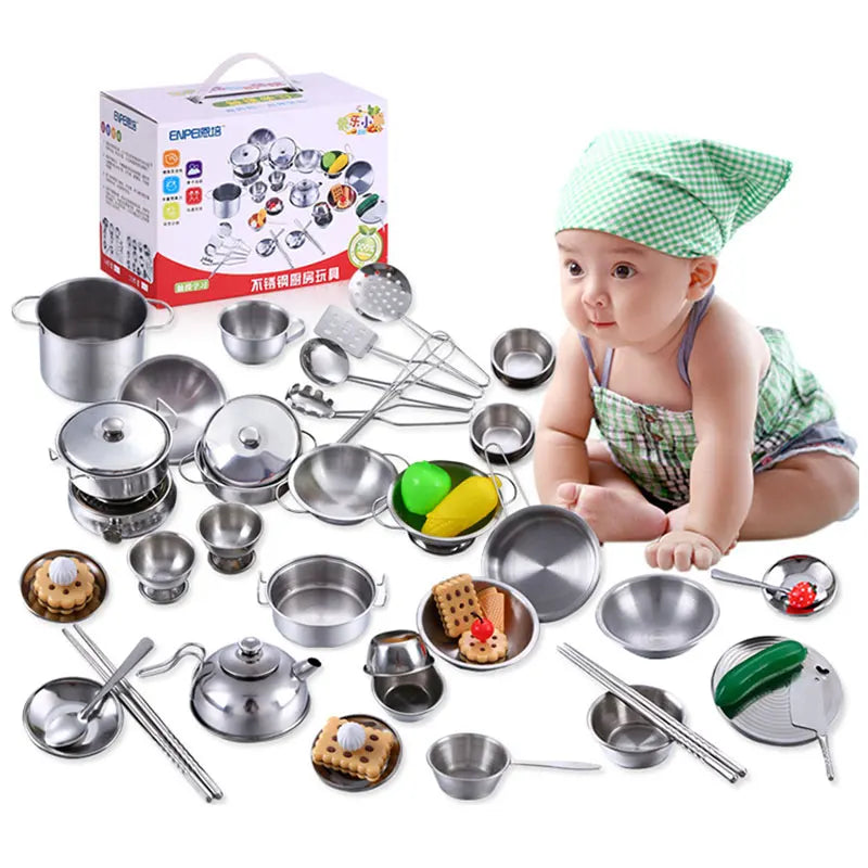 25pcs Children Stainless Steel Pretend Play Food Kitchen Cookware Set Toy Mini Cooking Game Pot Shovel Tinplate Kid Kitchen Toy