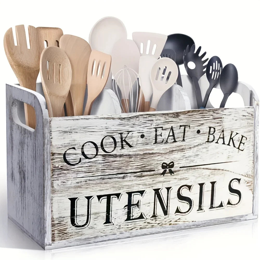 1pc Kitchen with Compartmentalized Cutlery Storage Rack, Rustic Style Wooden Countertop Organizer, Kitchenware Accessories