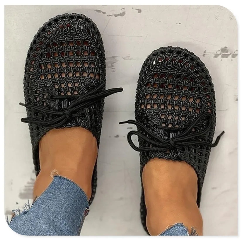 Women's Sandals Summer Hollow Toecap Female Flat Slippers Outdoor Casual Beach Solid Color Breathable Soft Ladies Hole Sandals