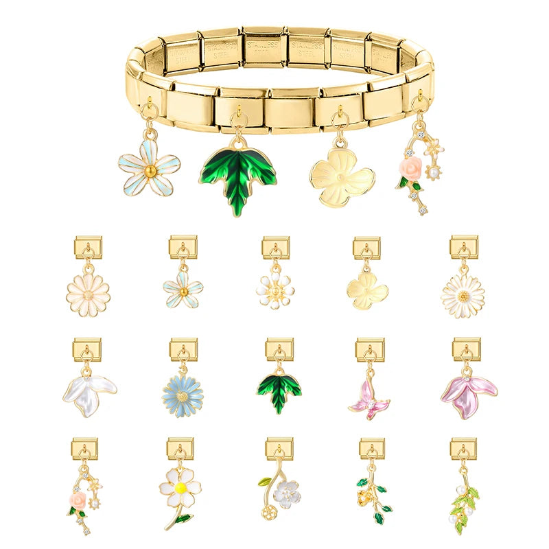 Y2K Elegant Flowers Leaves Gold Color Pendant Italian Charm Links Fit 9mm Stainless Steel Bracelet Women DIY Making Gifts