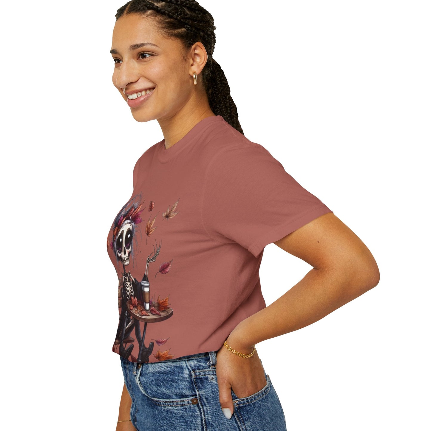 Autumn Vibe Skeleton Tee, Unisex Garment - Dyed T-shirt, Halloween Shirt, Fall Apparel, Skull Graphic Tee, Everyday Casual Wear - Metamorphosis Creations
