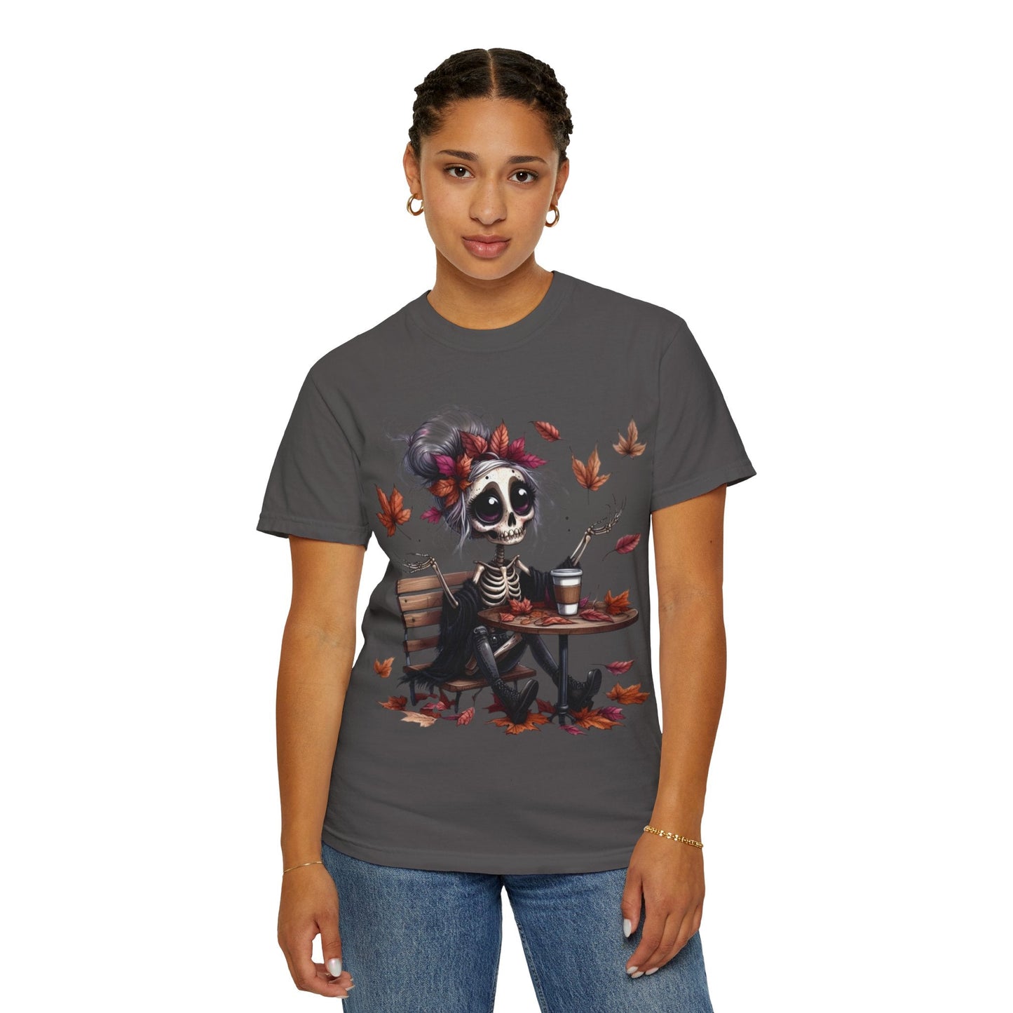 Autumn Vibe Skeleton Tee, Unisex Garment - Dyed T-shirt, Halloween Shirt, Fall Apparel, Skull Graphic Tee, Everyday Casual Wear - Metamorphosis Creations