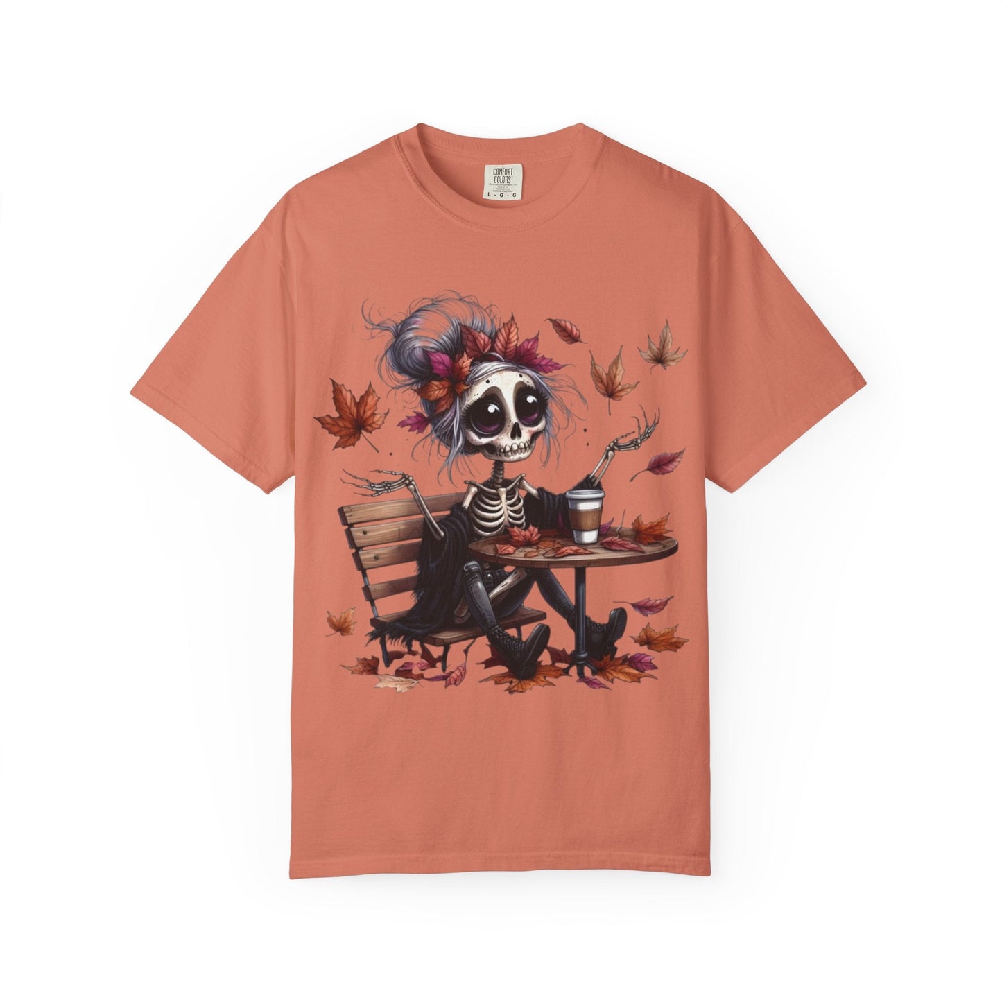 Autumn Vibe Skeleton Tee, Unisex Garment - Dyed T-shirt, Halloween Shirt, Fall Apparel, Skull Graphic Tee, Everyday Casual Wear - Metamorphosis Creations