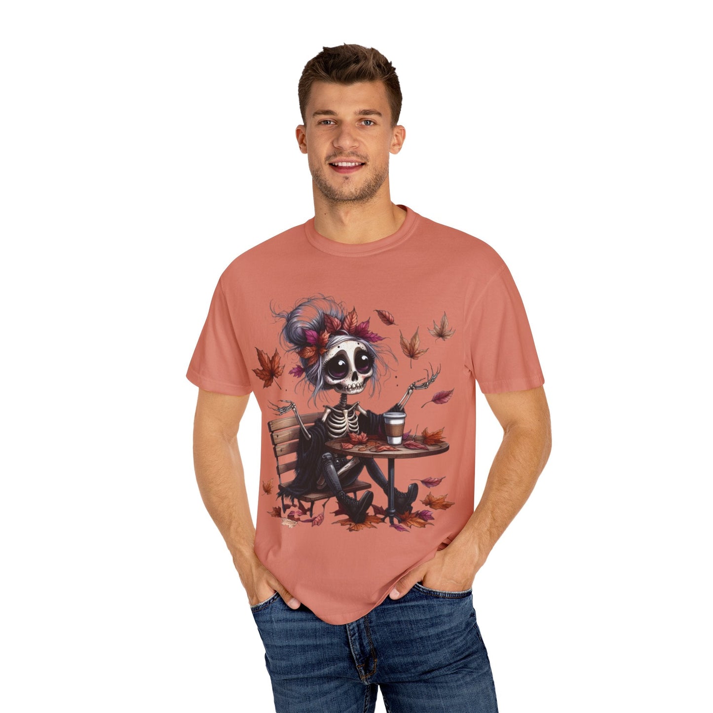 Autumn Vibe Skeleton Tee, Unisex Garment - Dyed T-shirt, Halloween Shirt, Fall Apparel, Skull Graphic Tee, Everyday Casual Wear - Metamorphosis Creations
