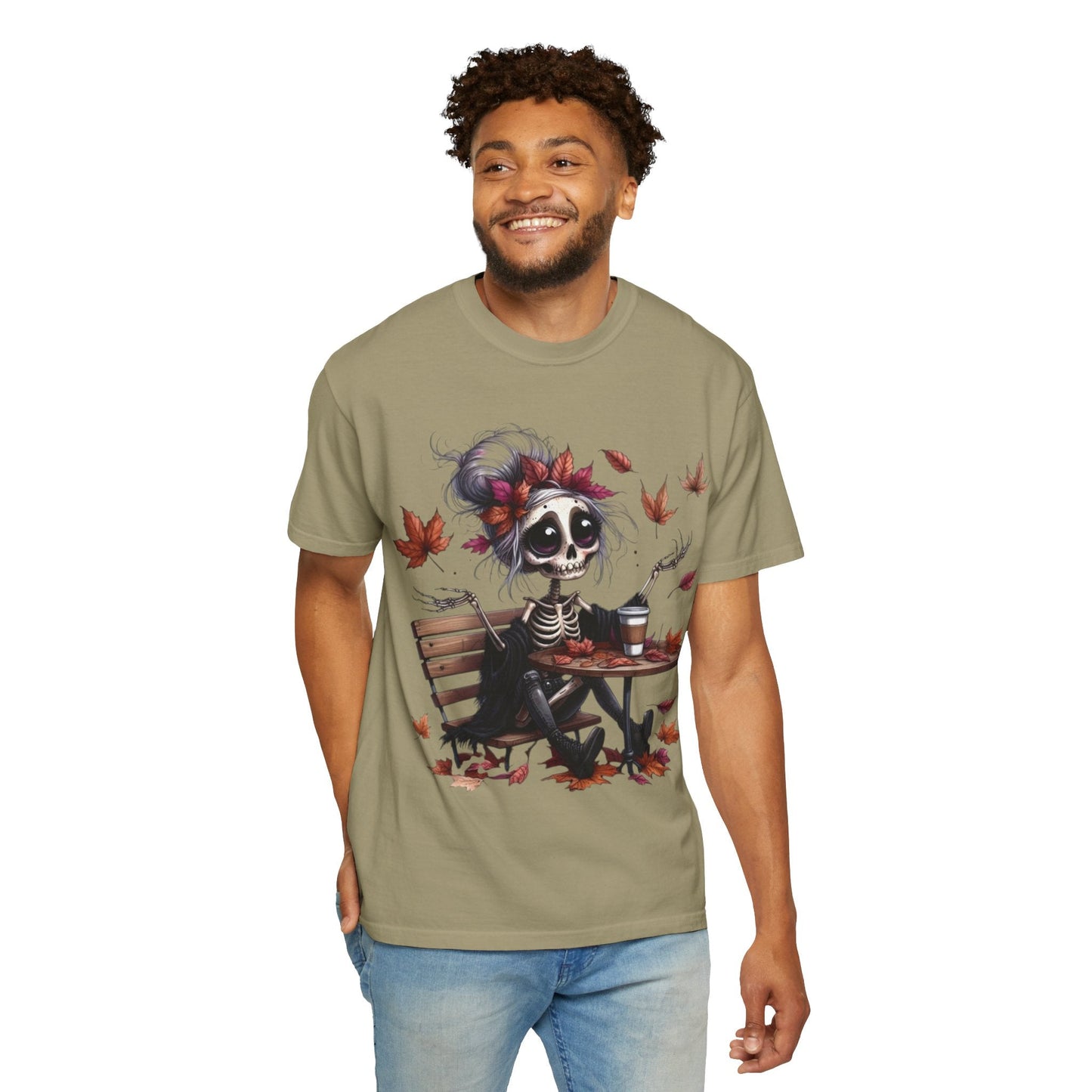 Autumn Vibe Skeleton Tee, Unisex Garment - Dyed T-shirt, Halloween Shirt, Fall Apparel, Skull Graphic Tee, Everyday Casual Wear - Metamorphosis Creations