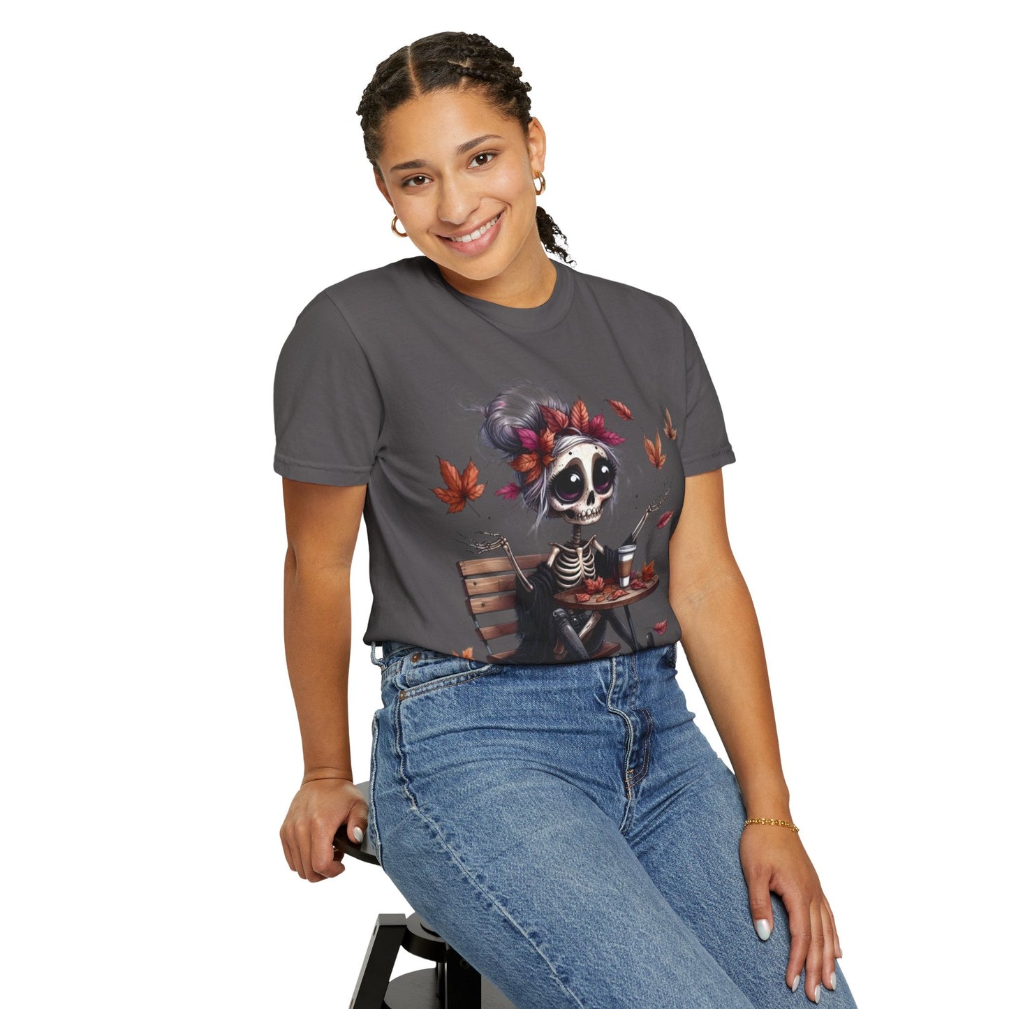Autumn Vibe Skeleton Tee, Unisex Garment - Dyed T-shirt, Halloween Shirt, Fall Apparel, Skull Graphic Tee, Everyday Casual Wear - Metamorphosis Creations