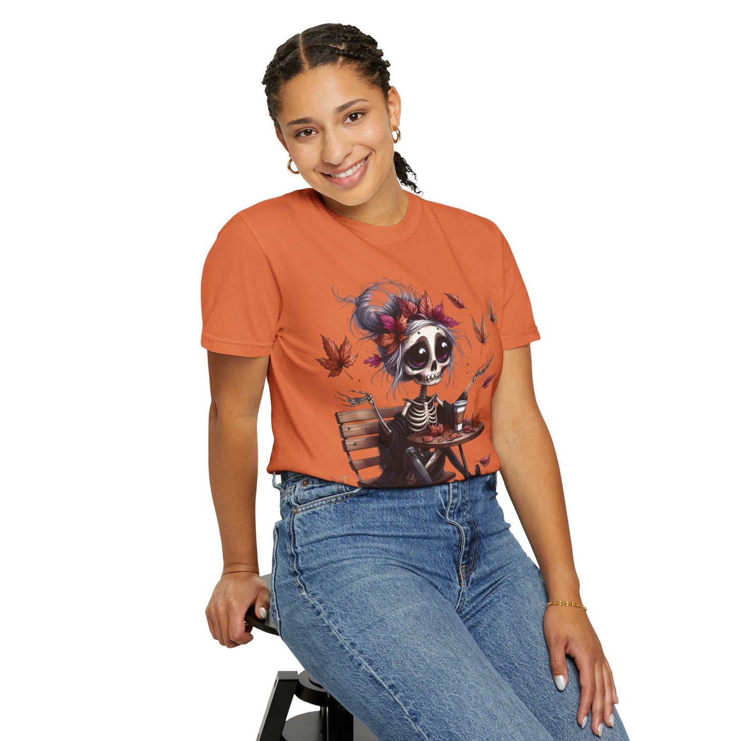 Autumn Vibe Skeleton Tee, Unisex Garment - Dyed T-shirt, Halloween Shirt, Fall Apparel, Skull Graphic Tee, Everyday Casual Wear - Metamorphosis Creations