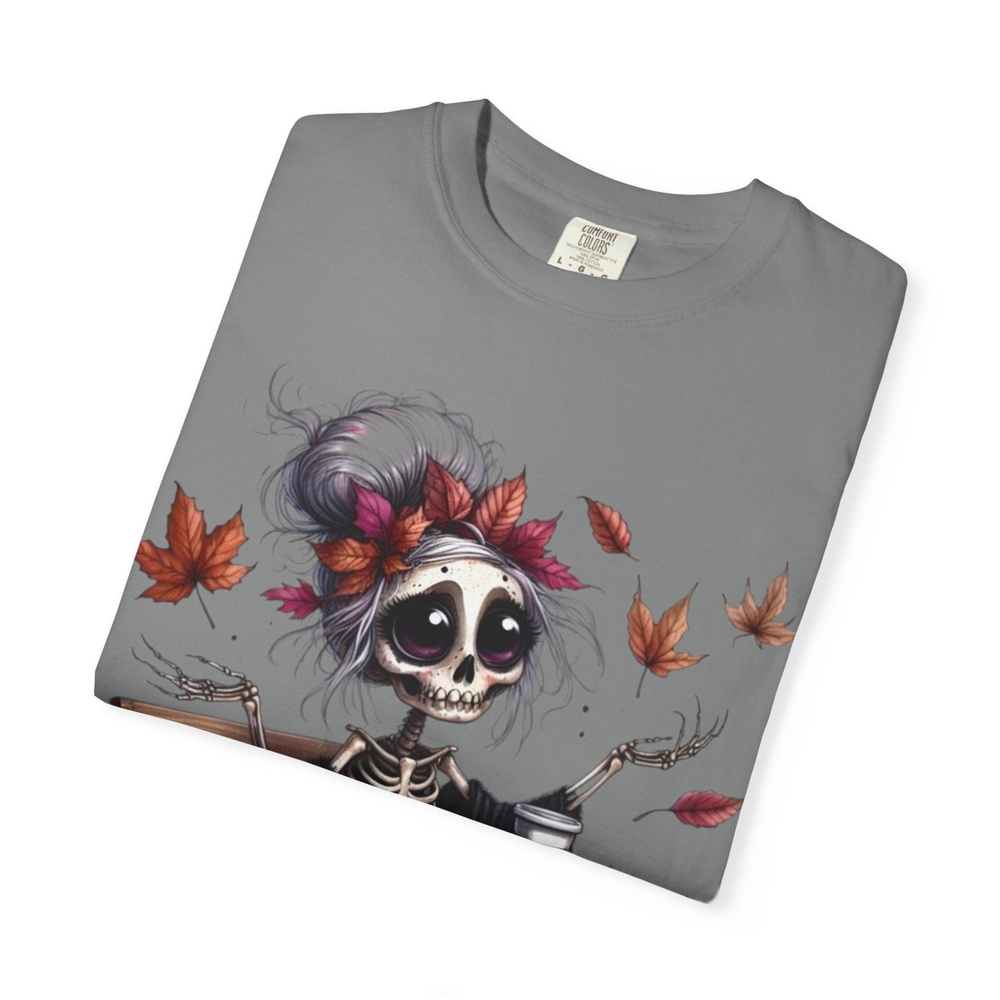 Autumn Vibe Skeleton Tee, Unisex Garment - Dyed T-shirt, Halloween Shirt, Fall Apparel, Skull Graphic Tee, Everyday Casual Wear - Metamorphosis Creations