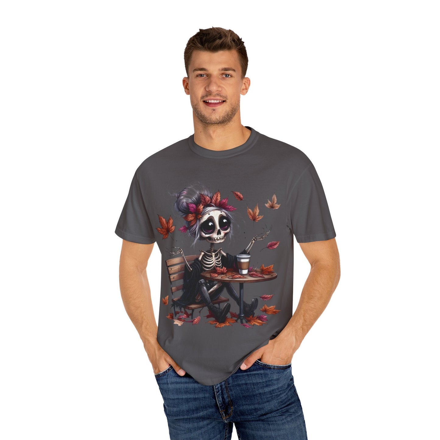 Autumn Vibe Skeleton Tee, Unisex Garment - Dyed T-shirt, Halloween Shirt, Fall Apparel, Skull Graphic Tee, Everyday Casual Wear - Metamorphosis Creations