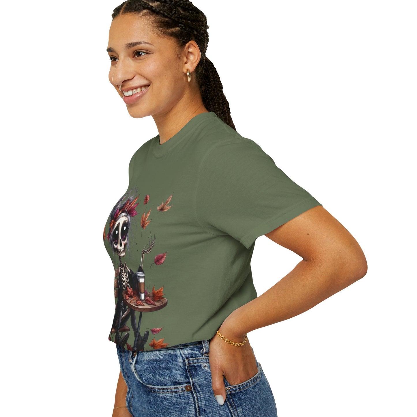 Autumn Vibe Skeleton Tee, Unisex Garment - Dyed T-shirt, Halloween Shirt, Fall Apparel, Skull Graphic Tee, Everyday Casual Wear - Metamorphosis Creations