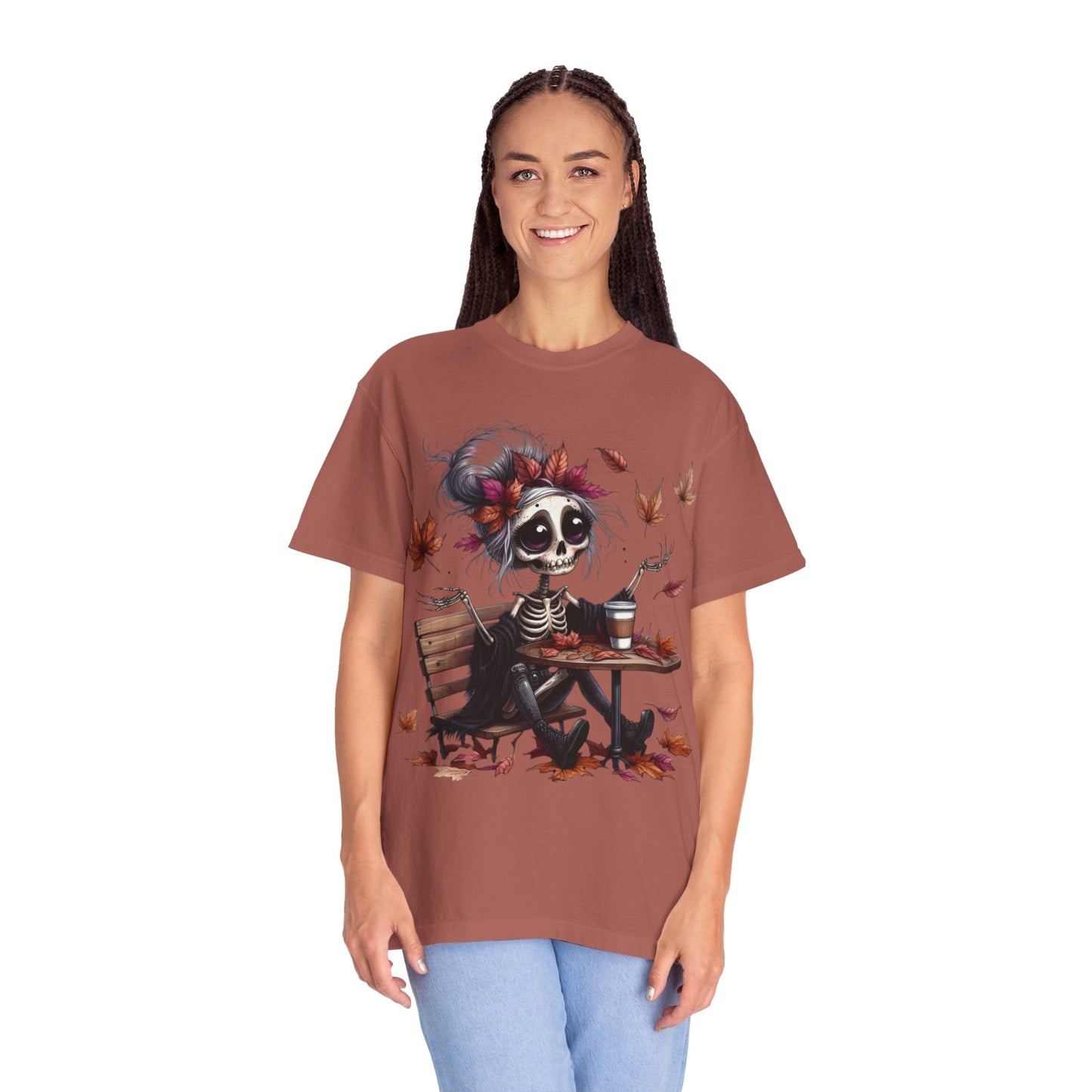 Autumn Vibe Skeleton Tee, Unisex Garment - Dyed T-shirt, Halloween Shirt, Fall Apparel, Skull Graphic Tee, Everyday Casual Wear - Metamorphosis Creations