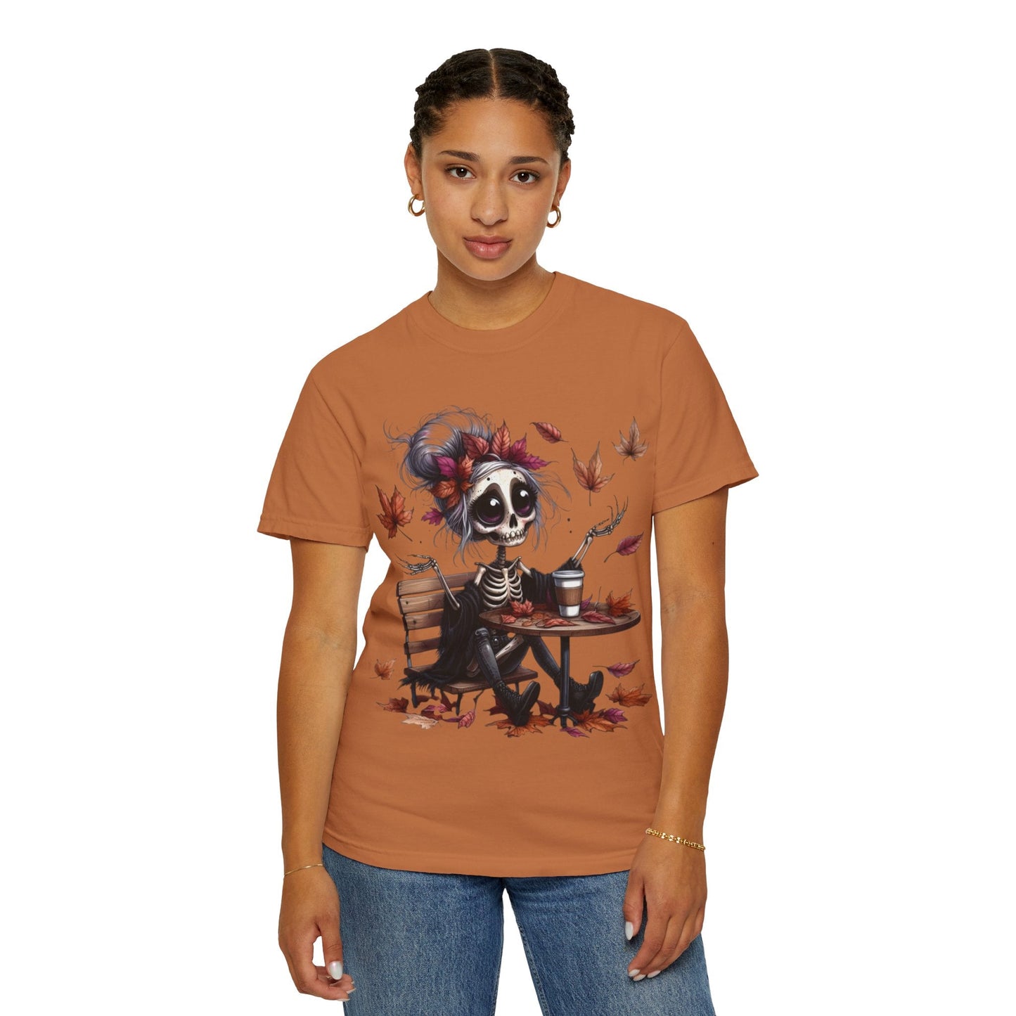 Autumn Vibe Skeleton Tee, Unisex Garment - Dyed T-shirt, Halloween Shirt, Fall Apparel, Skull Graphic Tee, Everyday Casual Wear - Metamorphosis Creations