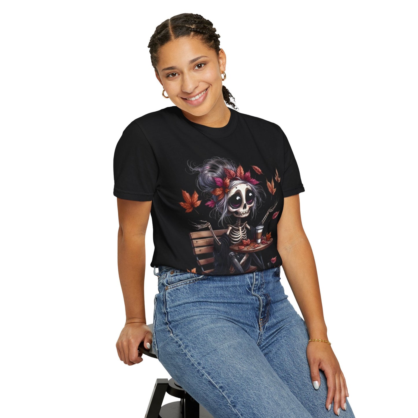 Autumn Vibe Skeleton Tee, Unisex Garment - Dyed T-shirt, Halloween Shirt, Fall Apparel, Skull Graphic Tee, Everyday Casual Wear - Metamorphosis Creations