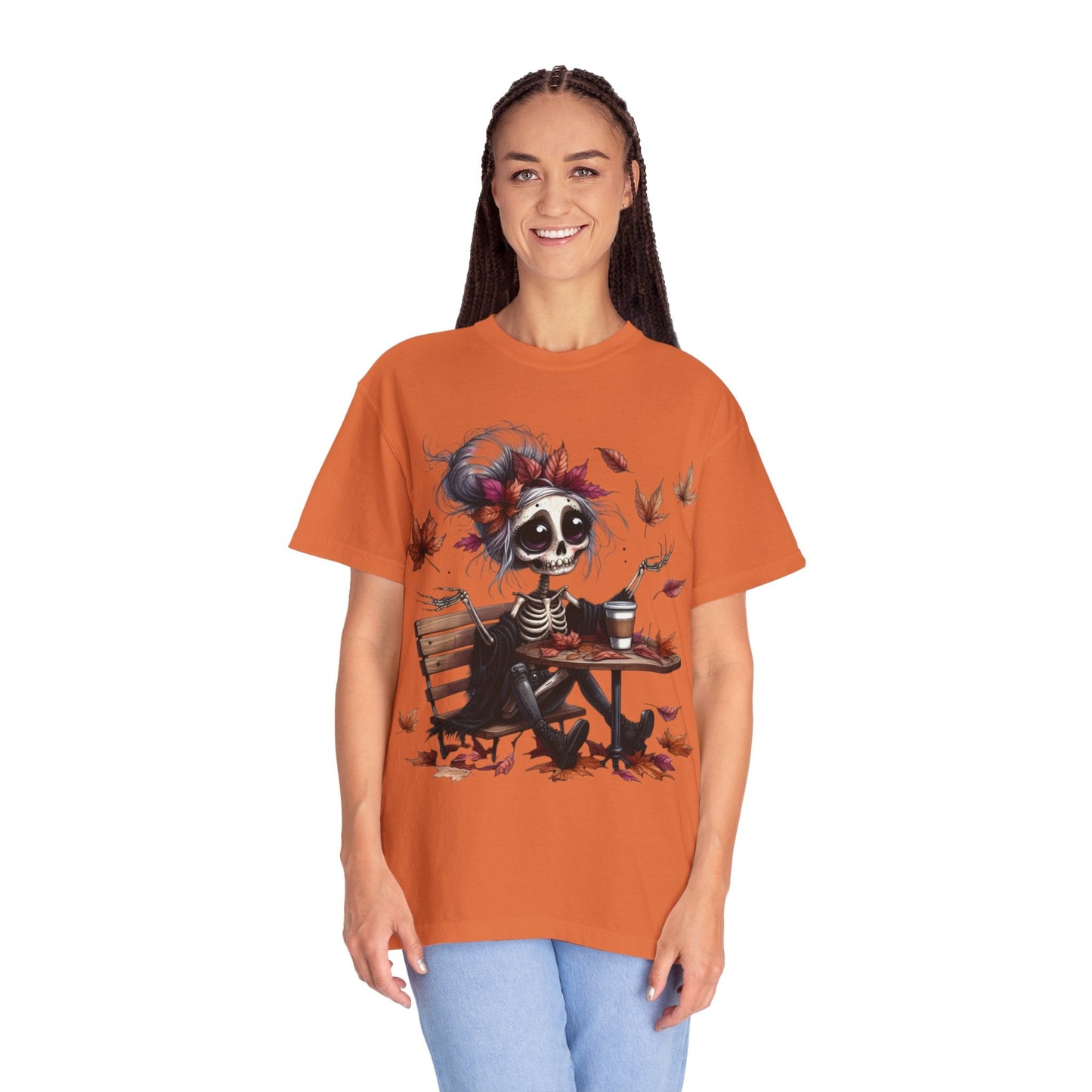 Autumn Vibe Skeleton Tee, Unisex Garment - Dyed T-shirt, Halloween Shirt, Fall Apparel, Skull Graphic Tee, Everyday Casual Wear - Metamorphosis Creations