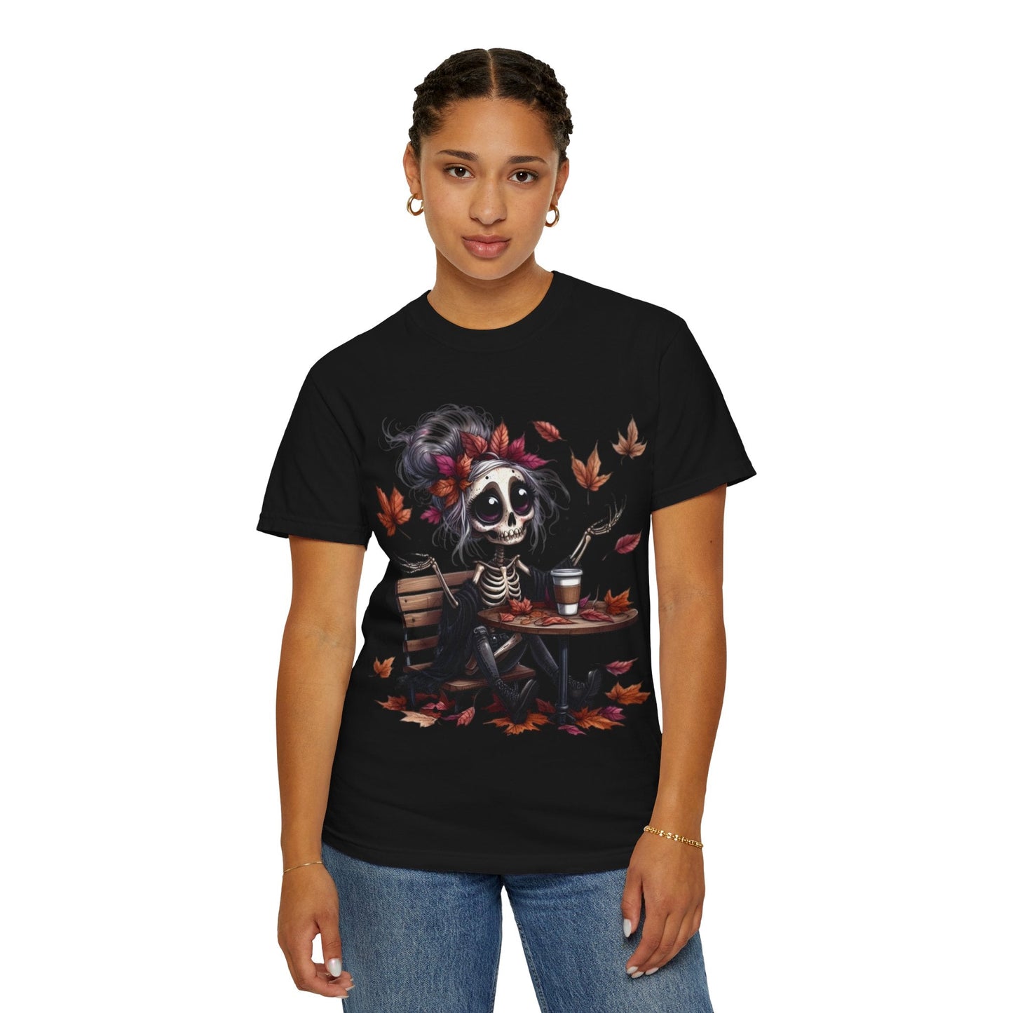 Autumn Vibe Skeleton Tee, Unisex Garment - Dyed T-shirt, Halloween Shirt, Fall Apparel, Skull Graphic Tee, Everyday Casual Wear - Metamorphosis Creations
