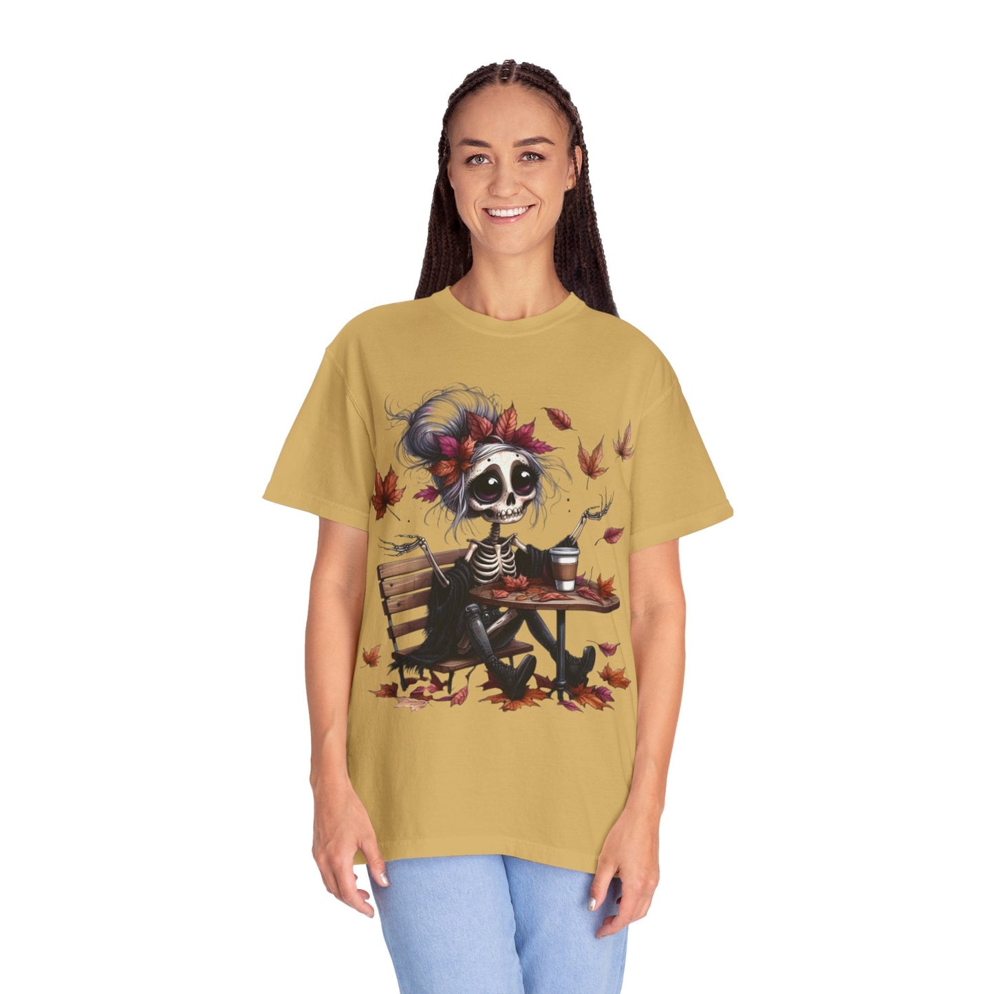 Autumn Vibe Skeleton Tee, Unisex Garment - Dyed T-shirt, Halloween Shirt, Fall Apparel, Skull Graphic Tee, Everyday Casual Wear - Metamorphosis Creations