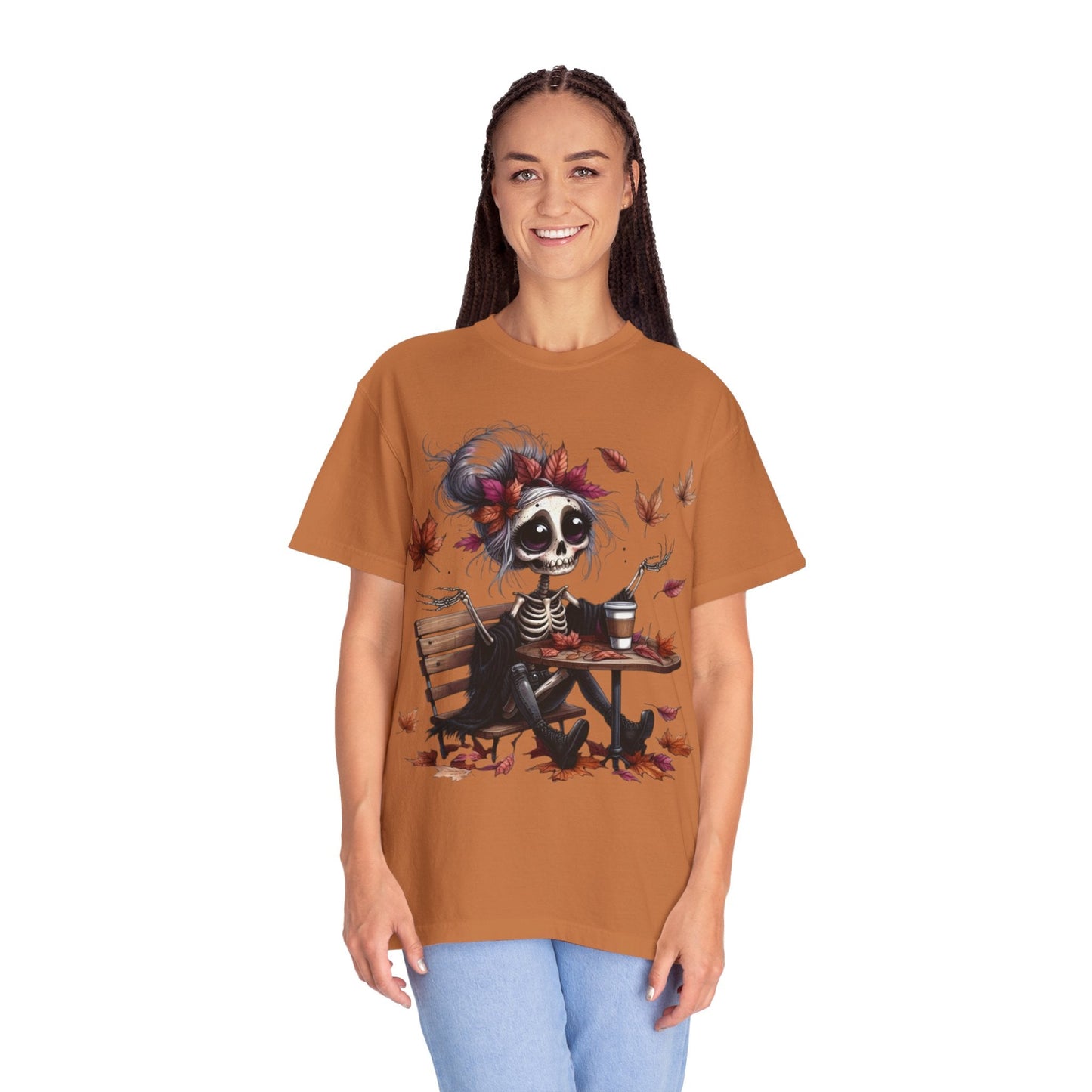 Autumn Vibe Skeleton Tee, Unisex Garment - Dyed T-shirt, Halloween Shirt, Fall Apparel, Skull Graphic Tee, Everyday Casual Wear - Metamorphosis Creations