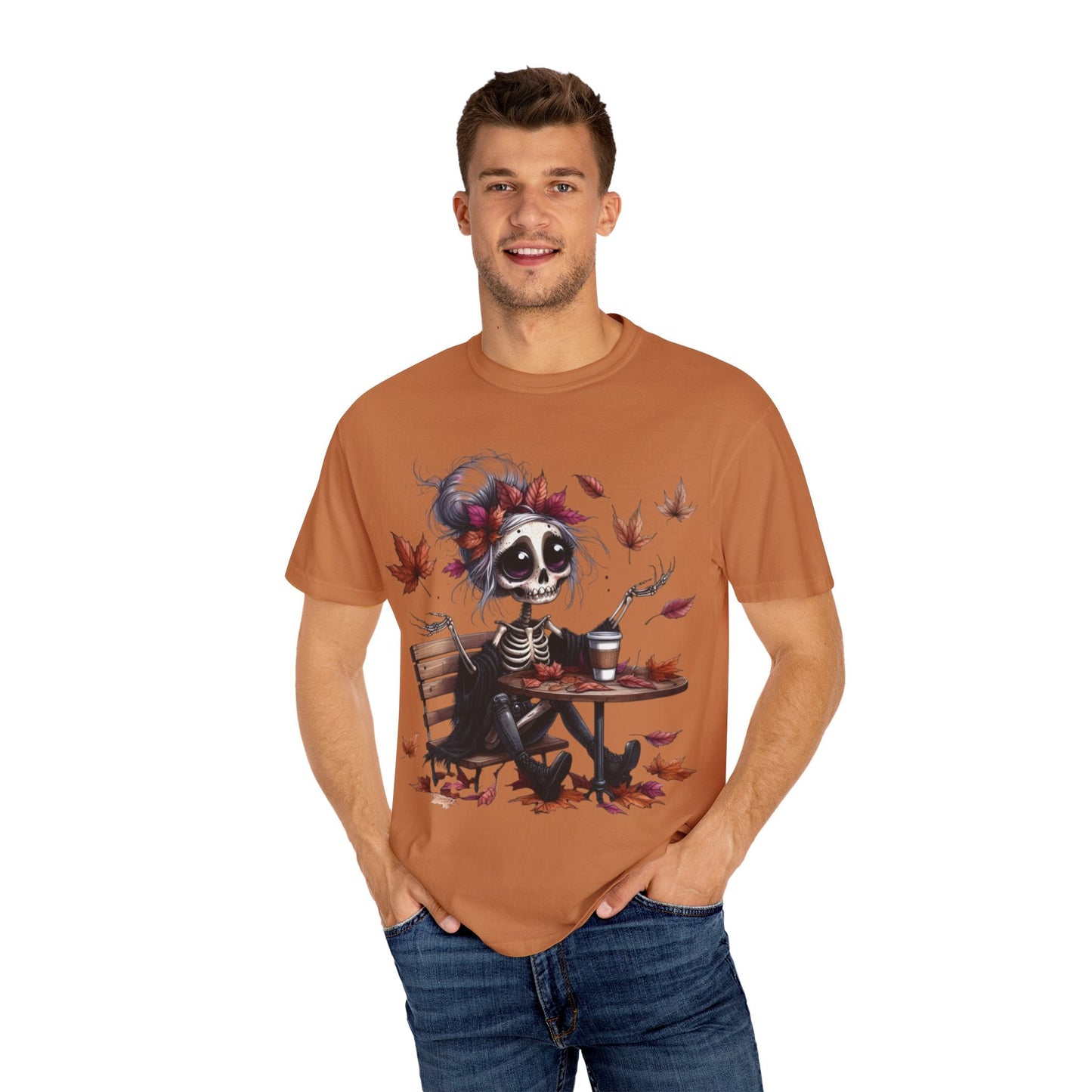 Autumn Vibe Skeleton Tee, Unisex Garment - Dyed T-shirt, Halloween Shirt, Fall Apparel, Skull Graphic Tee, Everyday Casual Wear - Metamorphosis Creations