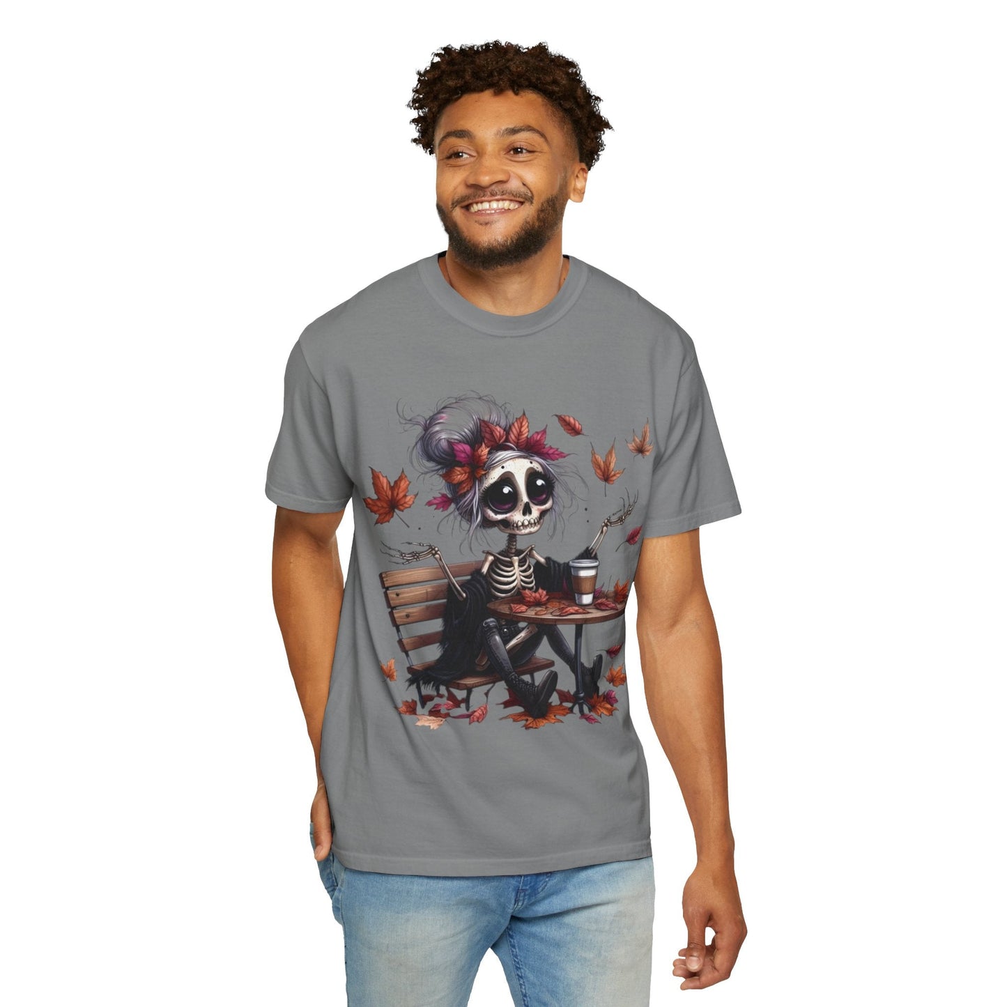 Autumn Vibe Skeleton Tee, Unisex Garment - Dyed T-shirt, Halloween Shirt, Fall Apparel, Skull Graphic Tee, Everyday Casual Wear - Metamorphosis Creations