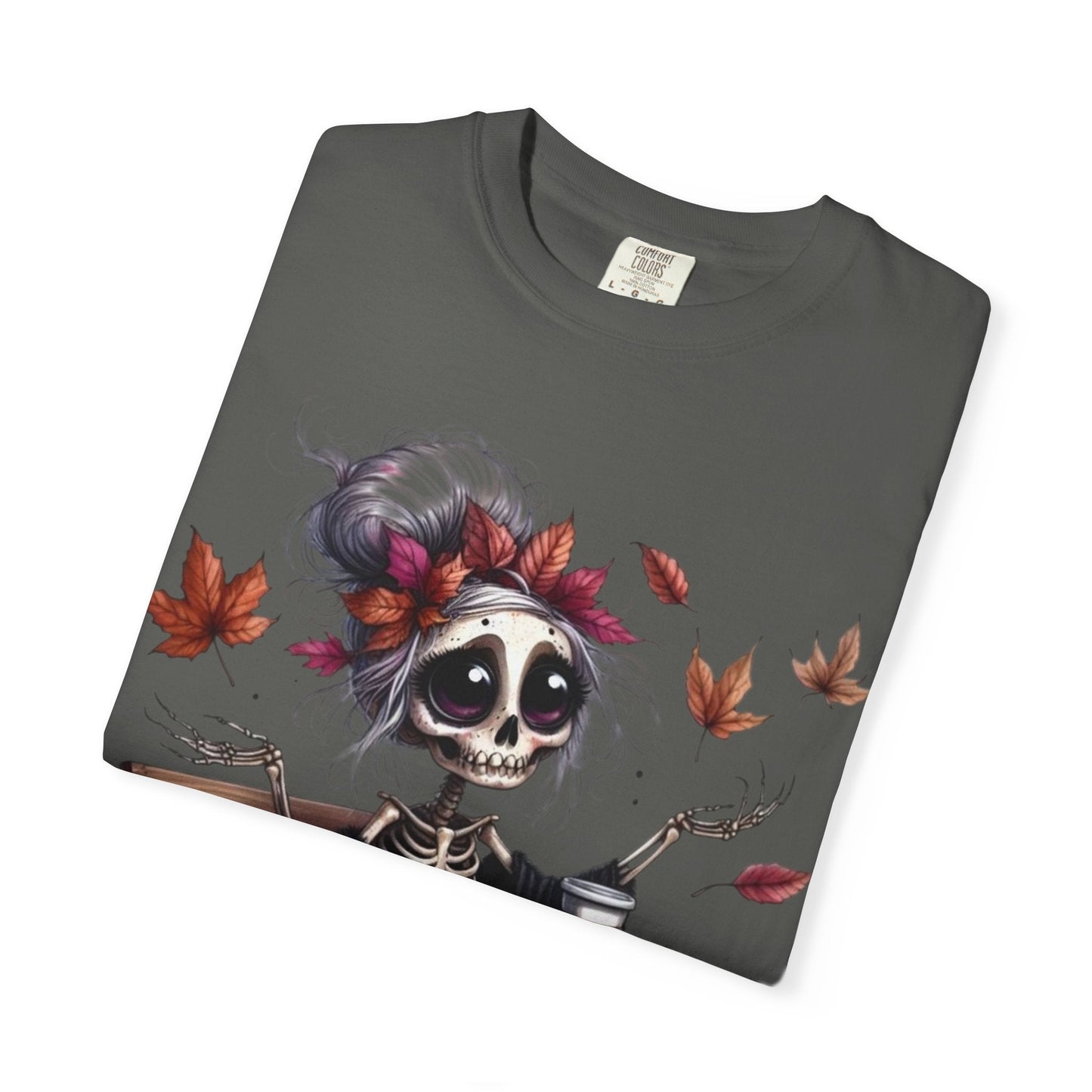 Autumn Vibe Skeleton Tee, Unisex Garment - Dyed T-shirt, Halloween Shirt, Fall Apparel, Skull Graphic Tee, Everyday Casual Wear - Metamorphosis Creations