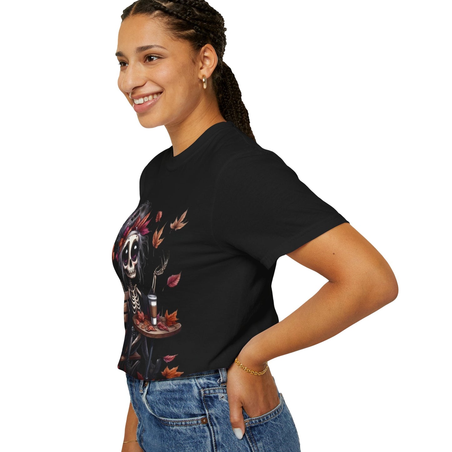 Autumn Vibe Skeleton Tee, Unisex Garment - Dyed T-shirt, Halloween Shirt, Fall Apparel, Skull Graphic Tee, Everyday Casual Wear - Metamorphosis Creations