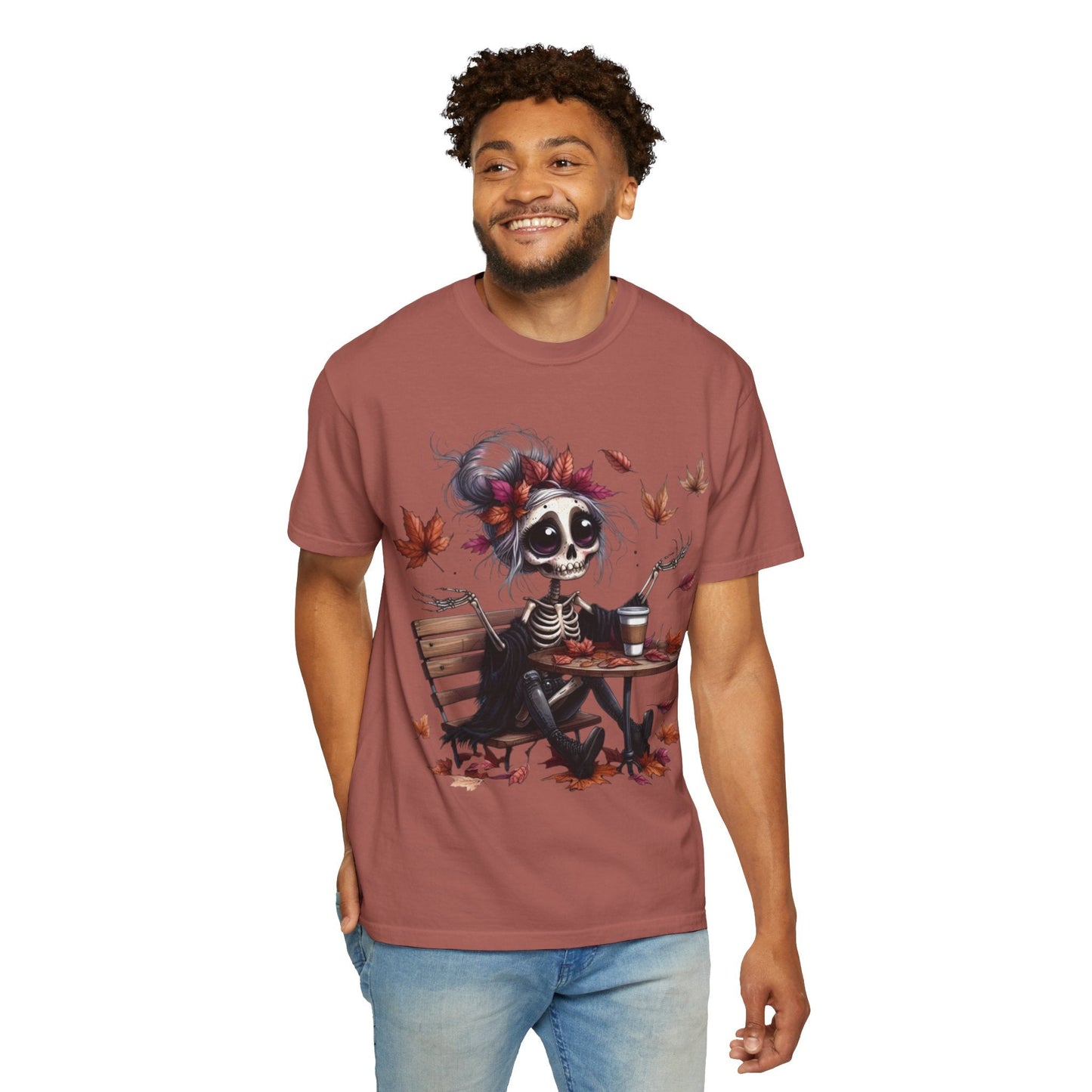 Autumn Vibe Skeleton Tee, Unisex Garment - Dyed T-shirt, Halloween Shirt, Fall Apparel, Skull Graphic Tee, Everyday Casual Wear - Metamorphosis Creations