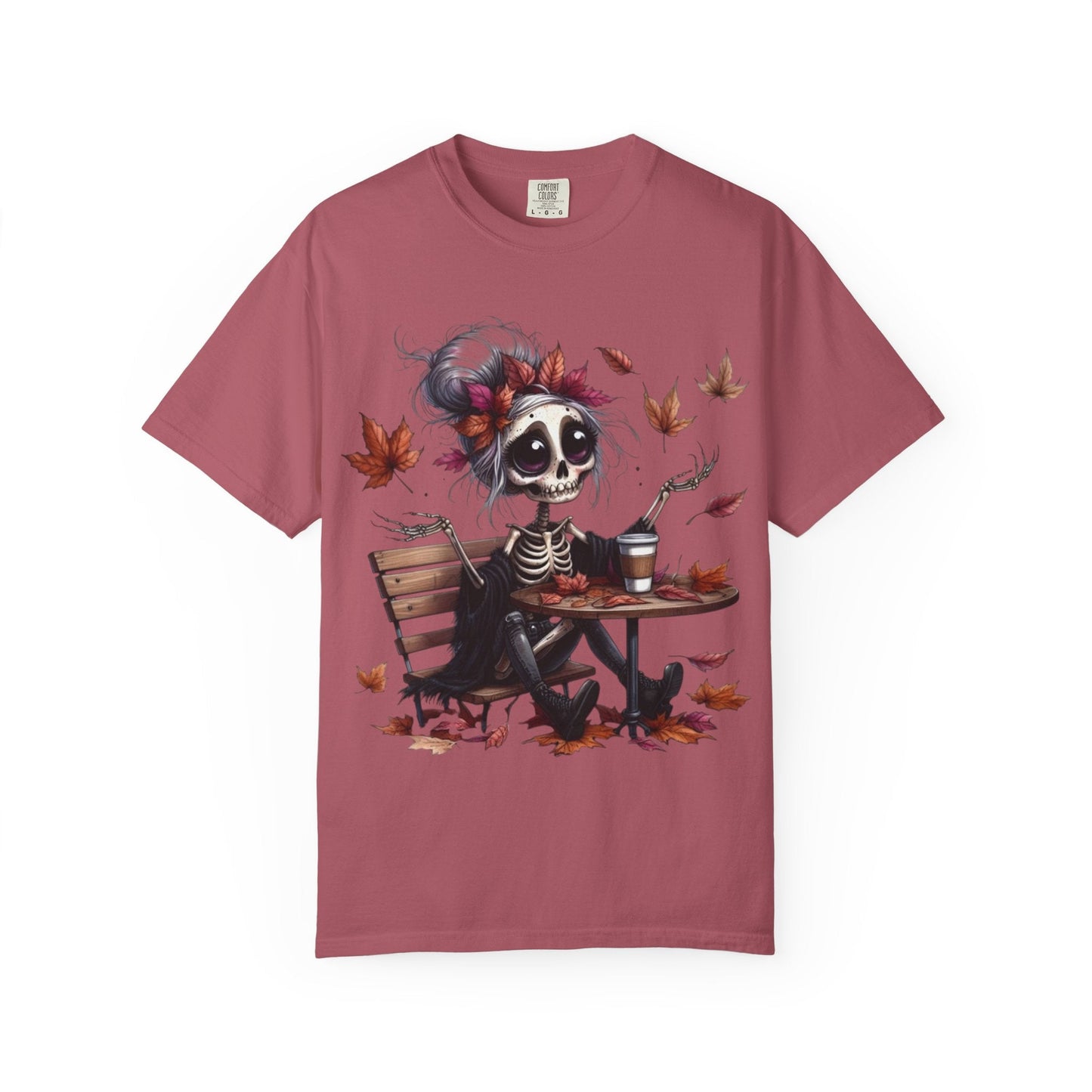 Autumn Vibe Skeleton Tee, Unisex Garment - Dyed T-shirt, Halloween Shirt, Fall Apparel, Skull Graphic Tee, Everyday Casual Wear - Metamorphosis Creations