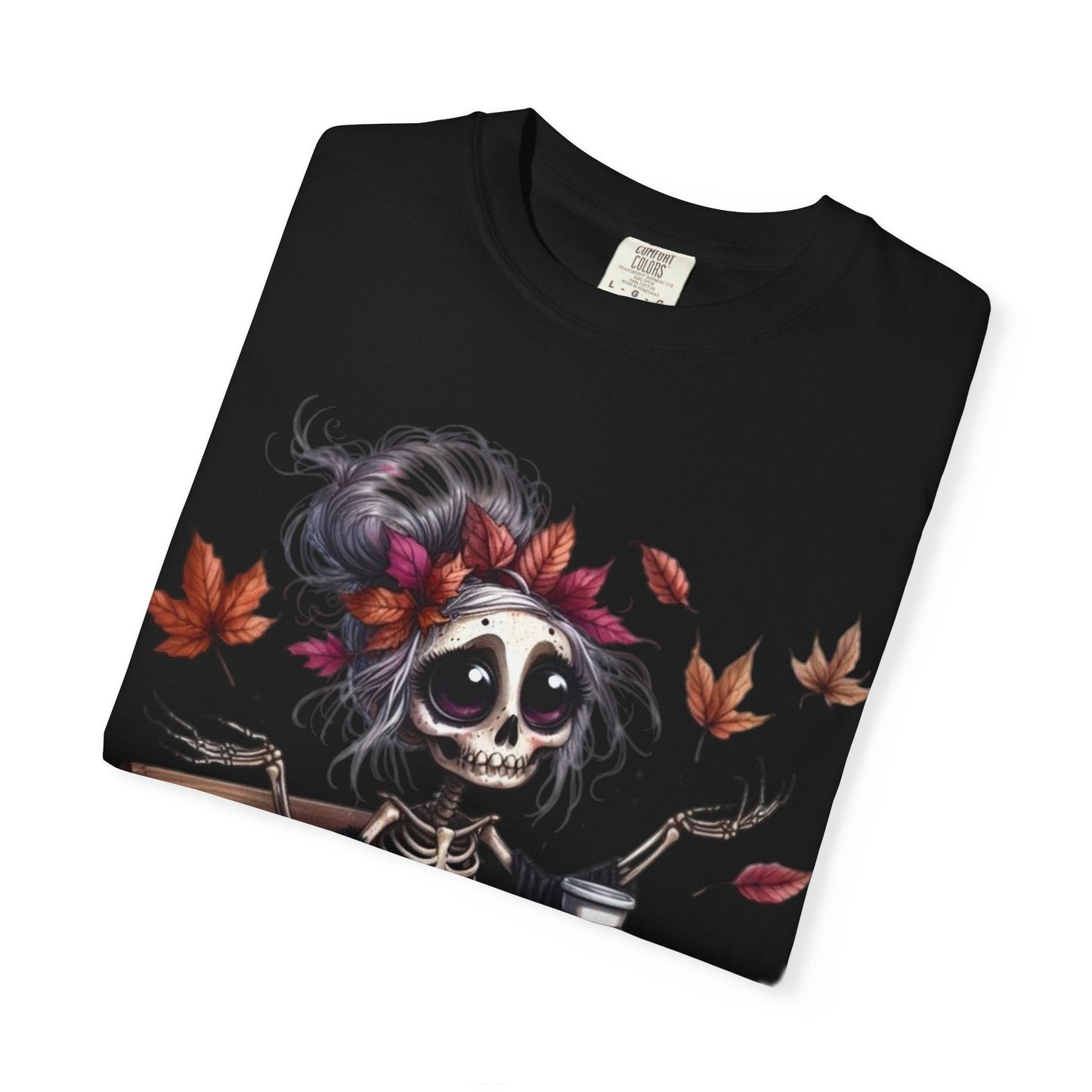 Autumn Vibe Skeleton Tee, Unisex Garment - Dyed T-shirt, Halloween Shirt, Fall Apparel, Skull Graphic Tee, Everyday Casual Wear - Metamorphosis Creations