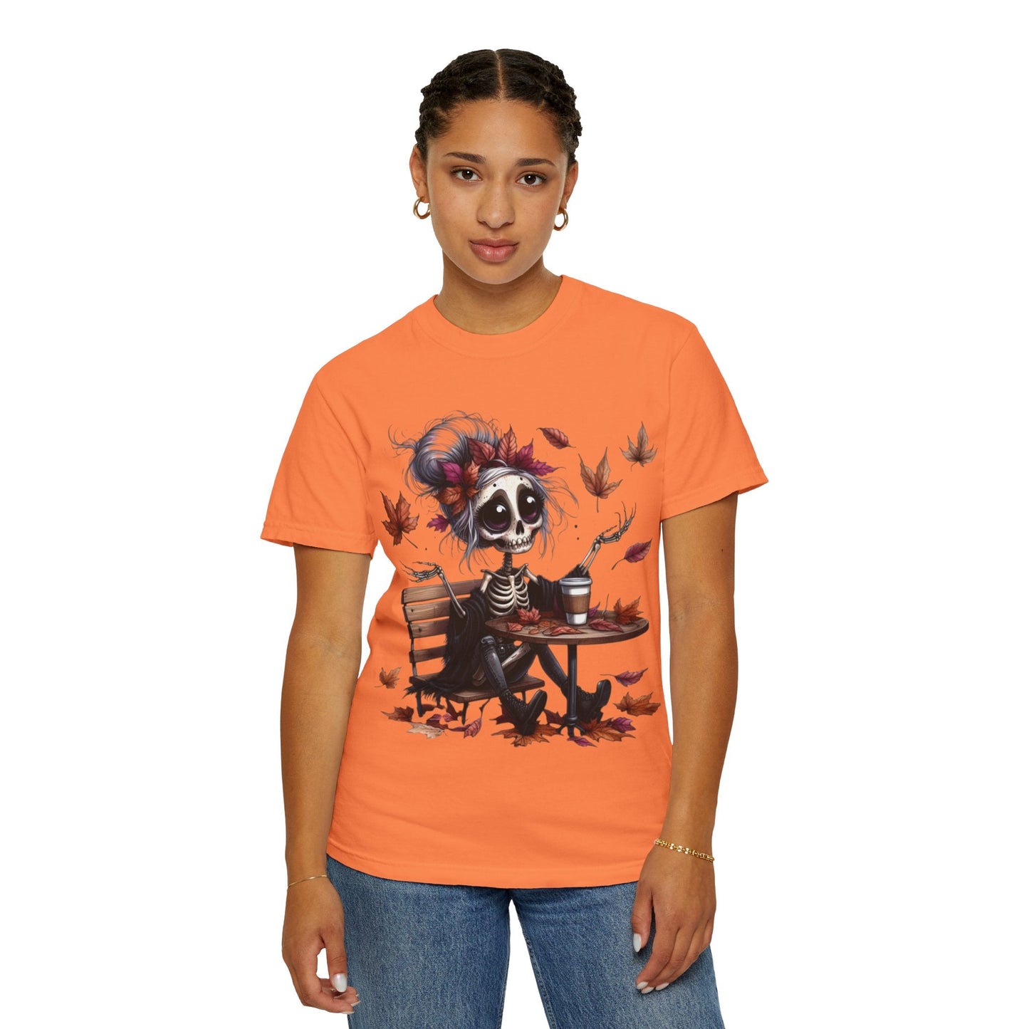 Autumn Vibe Skeleton Tee, Unisex Garment - Dyed T-shirt, Halloween Shirt, Fall Apparel, Skull Graphic Tee, Everyday Casual Wear - Metamorphosis Creations