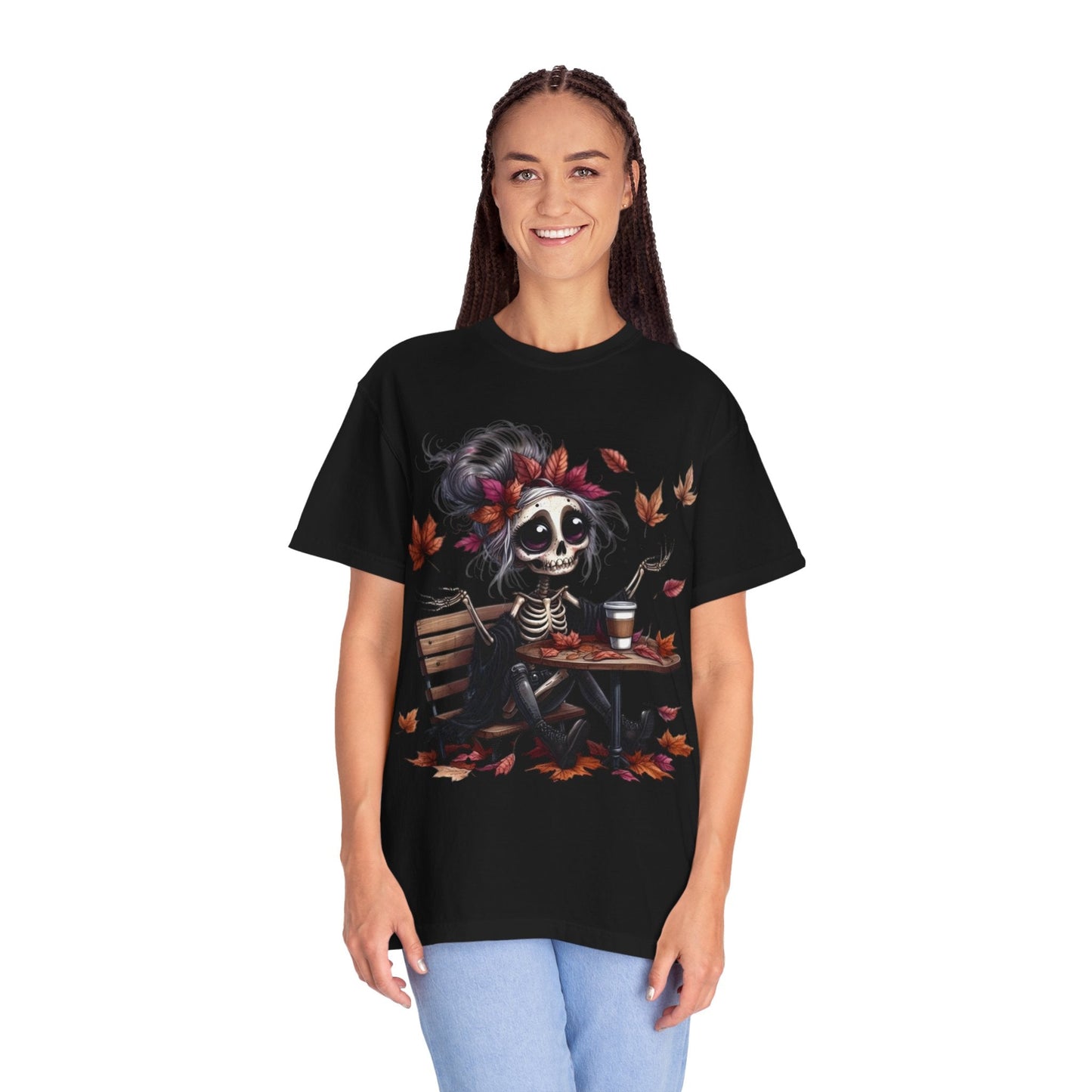 Autumn Vibe Skeleton Tee, Unisex Garment - Dyed T-shirt, Halloween Shirt, Fall Apparel, Skull Graphic Tee, Everyday Casual Wear - Metamorphosis Creations