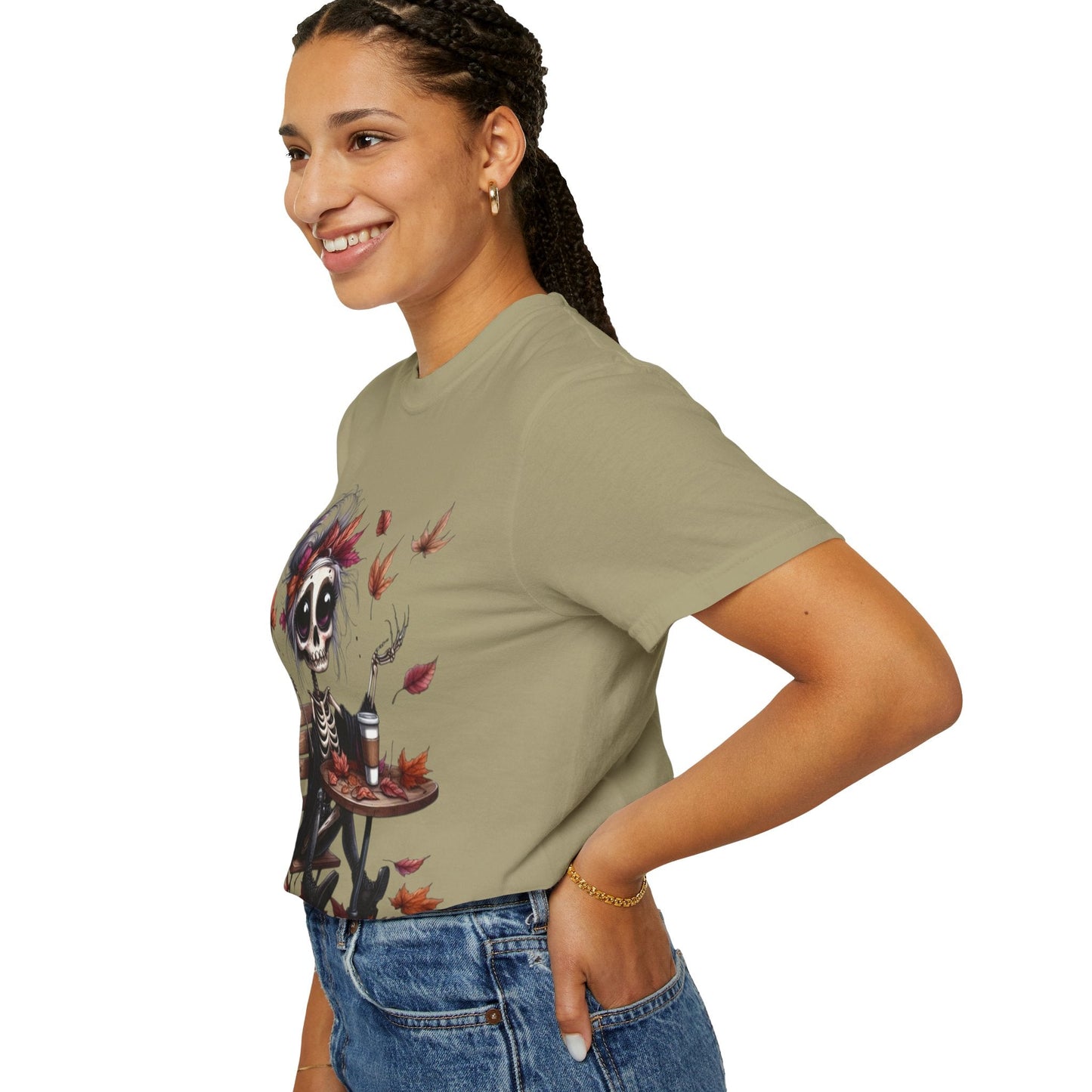 Autumn Vibe Skeleton Tee, Unisex Garment - Dyed T-shirt, Halloween Shirt, Fall Apparel, Skull Graphic Tee, Everyday Casual Wear - Metamorphosis Creations