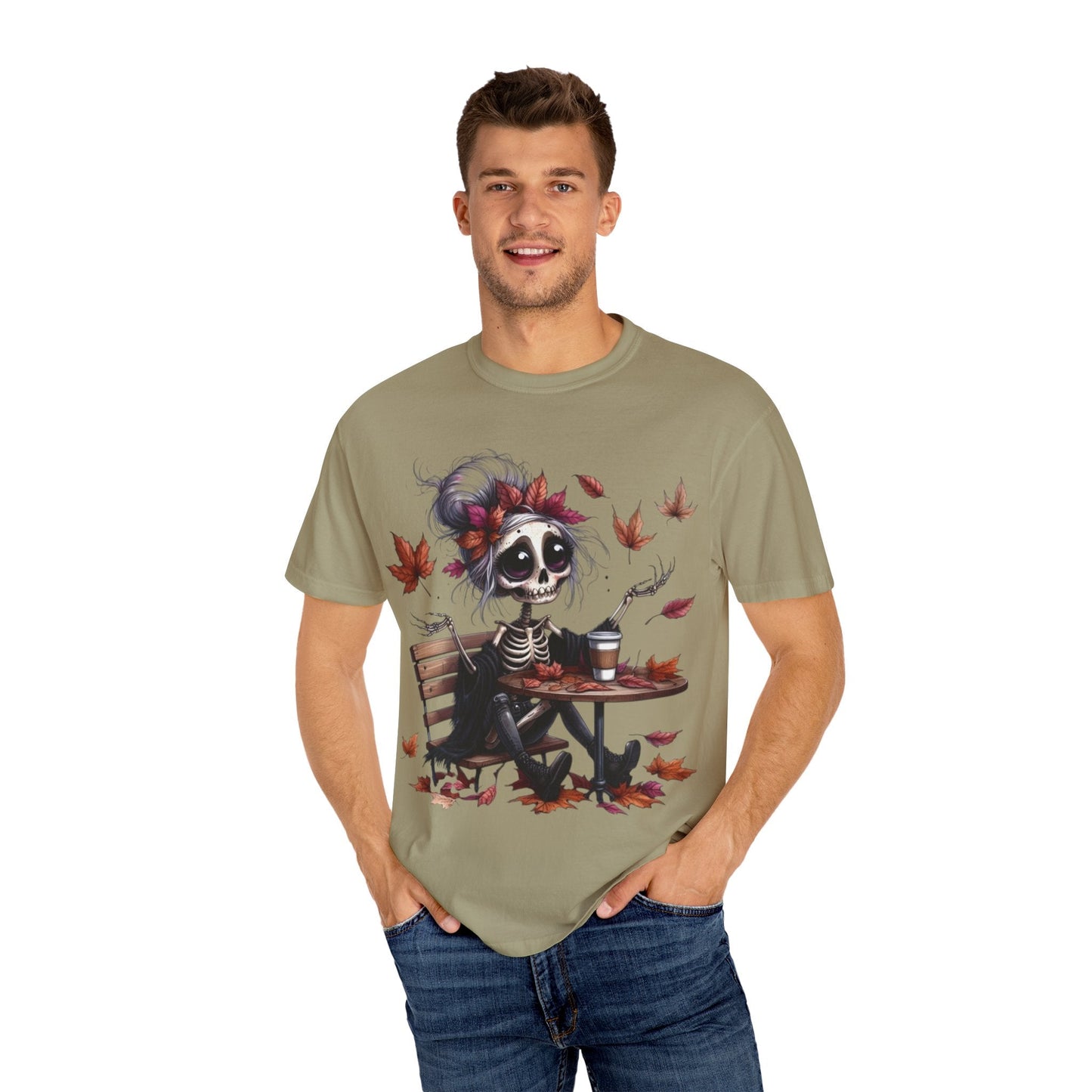 Autumn Vibe Skeleton Tee, Unisex Garment - Dyed T-shirt, Halloween Shirt, Fall Apparel, Skull Graphic Tee, Everyday Casual Wear - Metamorphosis Creations