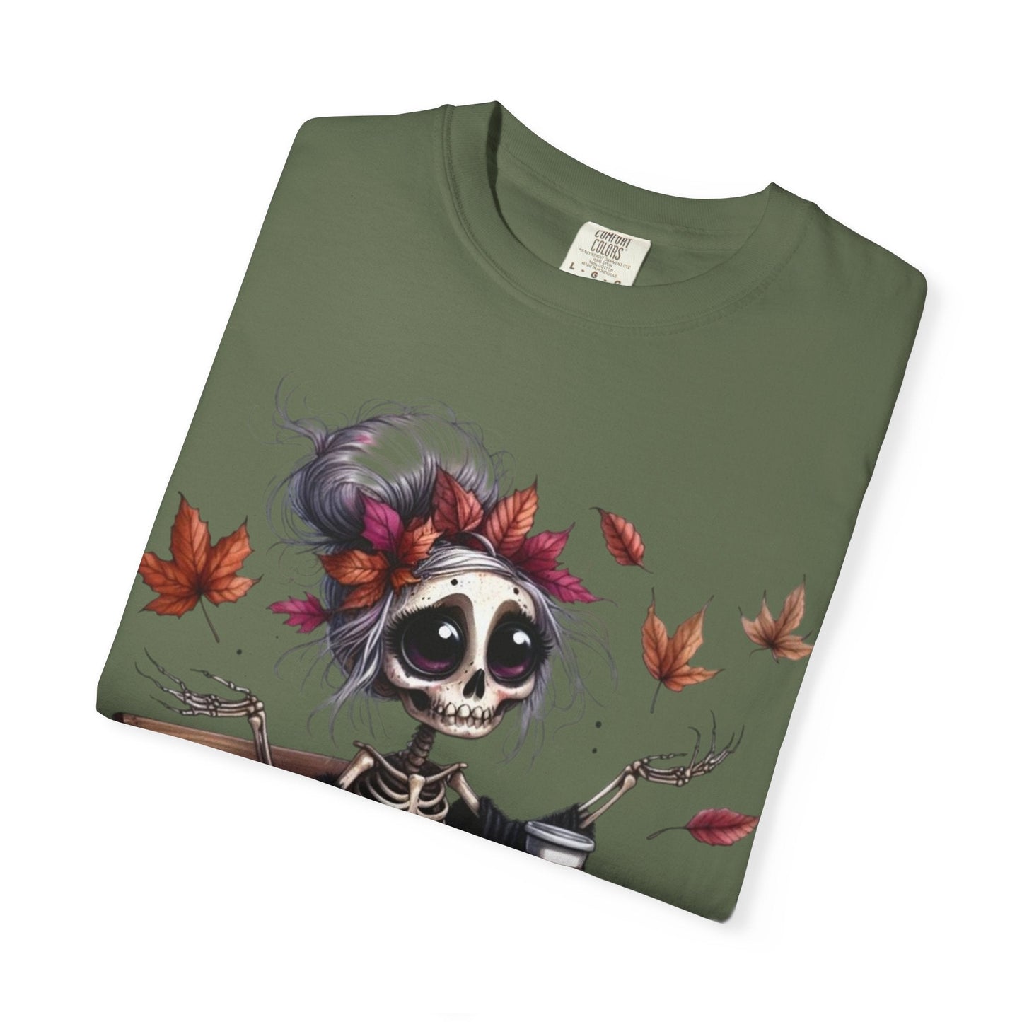 Autumn Vibe Skeleton Tee, Unisex Garment - Dyed T-shirt, Halloween Shirt, Fall Apparel, Skull Graphic Tee, Everyday Casual Wear - Metamorphosis Creations