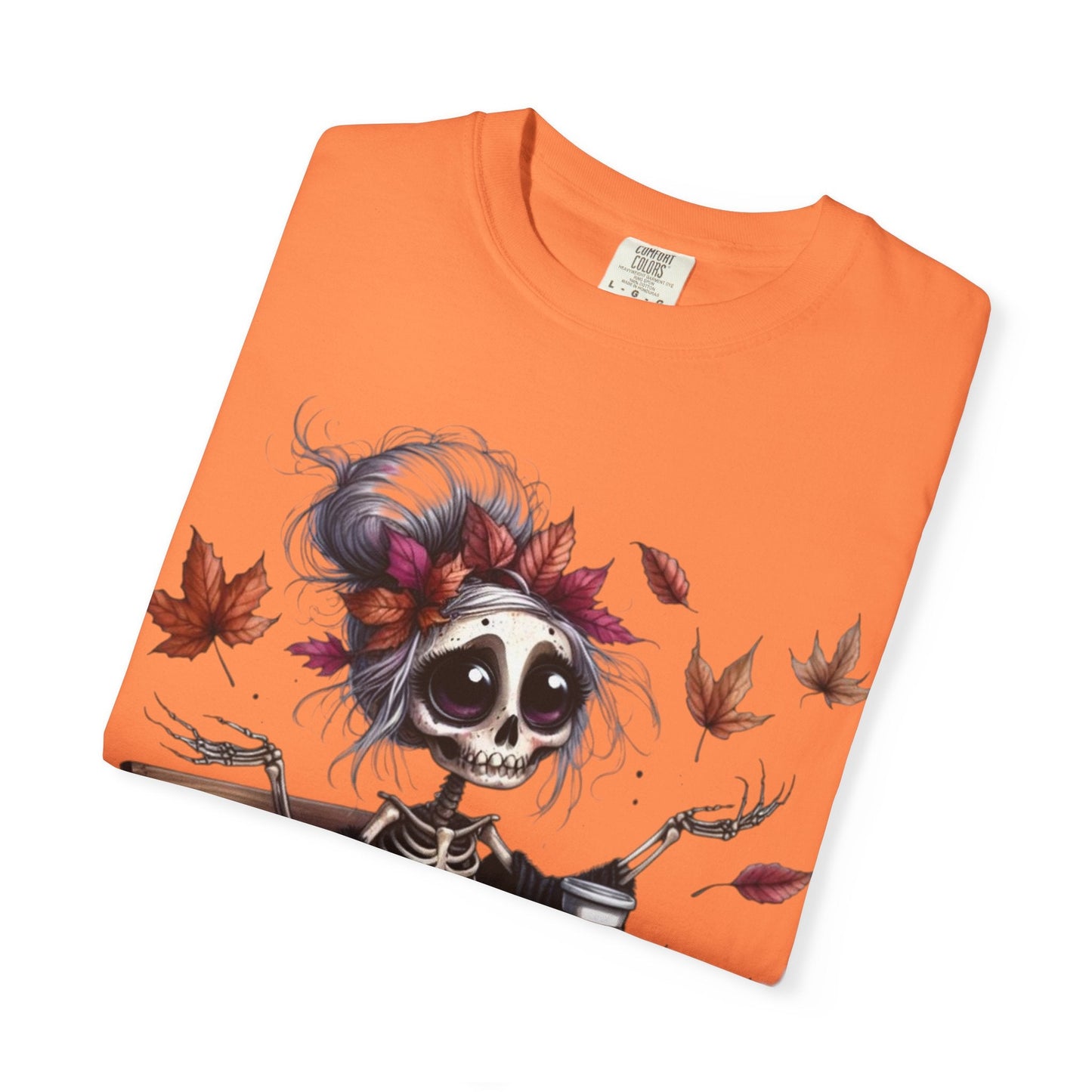 Autumn Vibe Skeleton Tee, Unisex Garment - Dyed T-shirt, Halloween Shirt, Fall Apparel, Skull Graphic Tee, Everyday Casual Wear - Metamorphosis Creations
