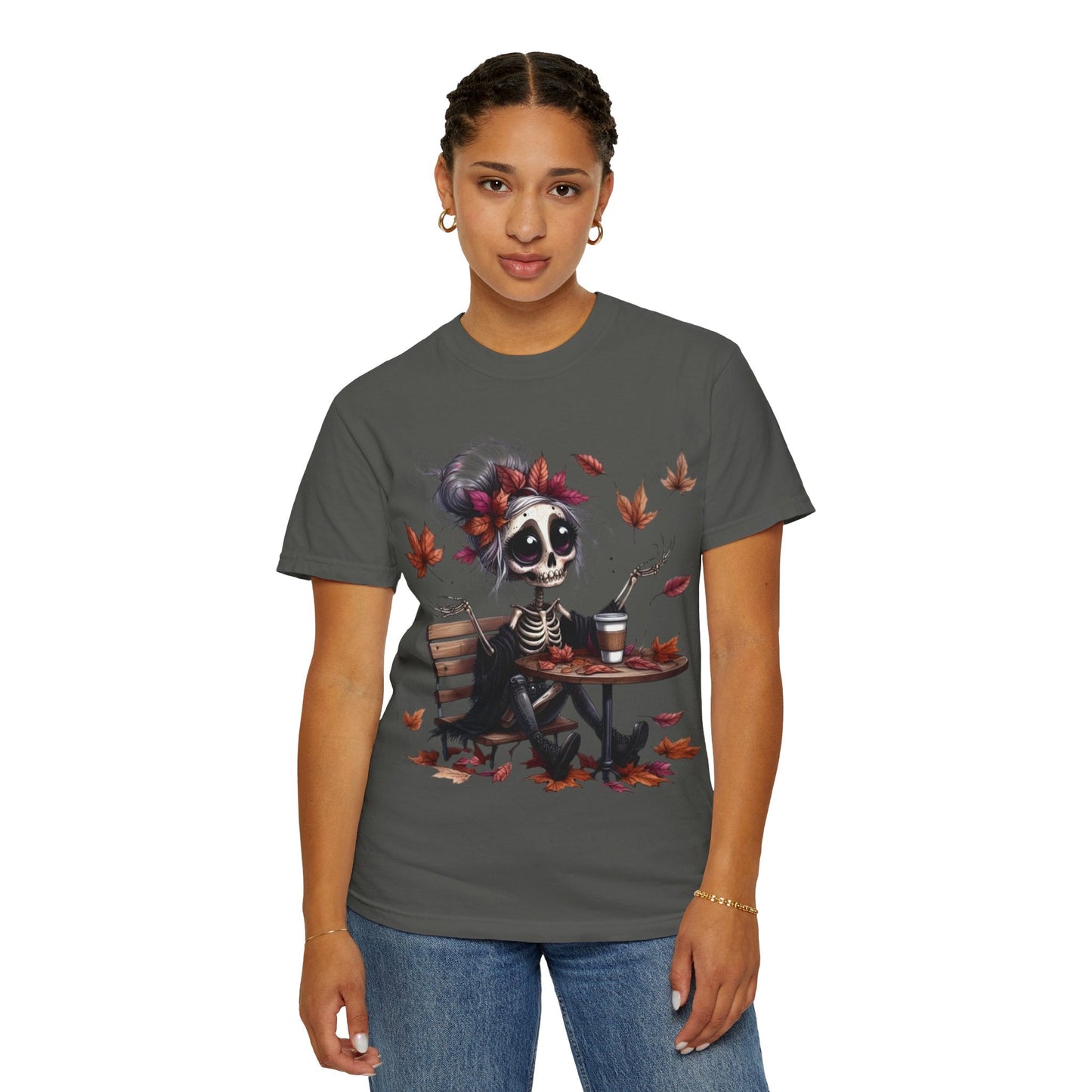 Autumn Vibe Skeleton Tee, Unisex Garment - Dyed T-shirt, Halloween Shirt, Fall Apparel, Skull Graphic Tee, Everyday Casual Wear - Metamorphosis Creations