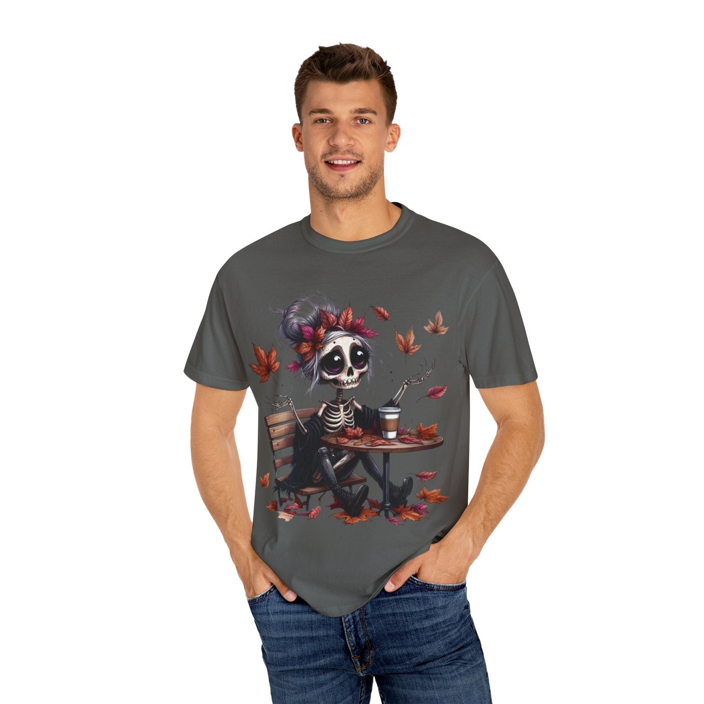 Autumn Vibe Skeleton Tee, Unisex Garment - Dyed T-shirt, Halloween Shirt, Fall Apparel, Skull Graphic Tee, Everyday Casual Wear - Metamorphosis Creations