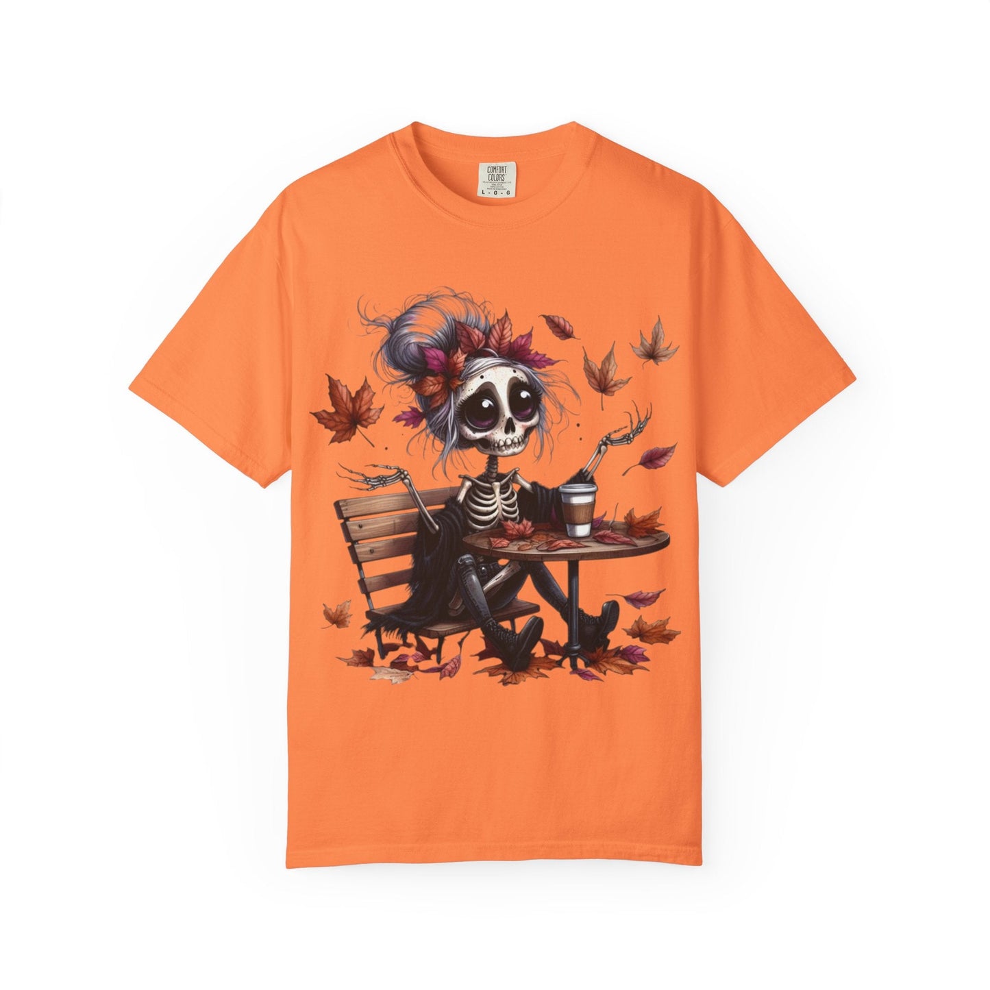 Autumn Vibe Skeleton Tee, Unisex Garment - Dyed T-shirt, Halloween Shirt, Fall Apparel, Skull Graphic Tee, Everyday Casual Wear - Metamorphosis Creations