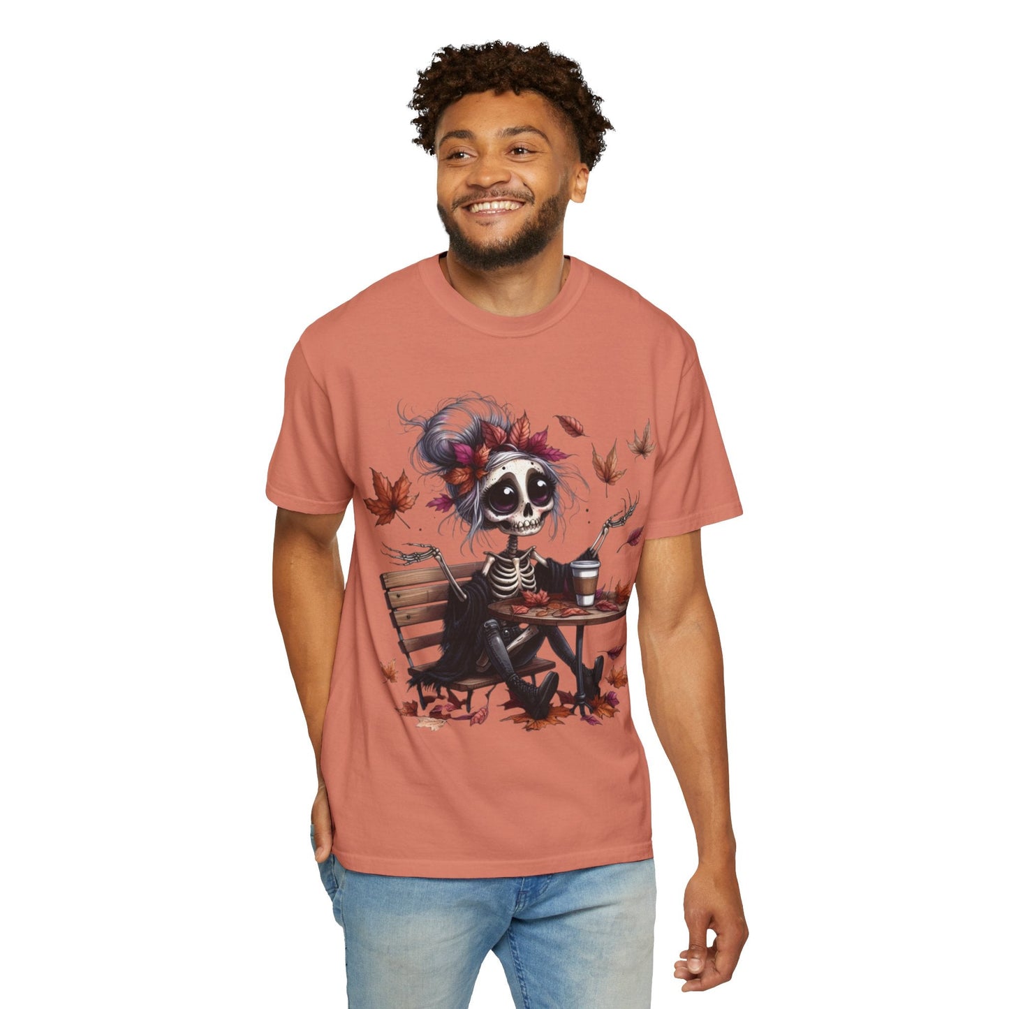 Autumn Vibe Skeleton Tee, Unisex Garment - Dyed T-shirt, Halloween Shirt, Fall Apparel, Skull Graphic Tee, Everyday Casual Wear - Metamorphosis Creations