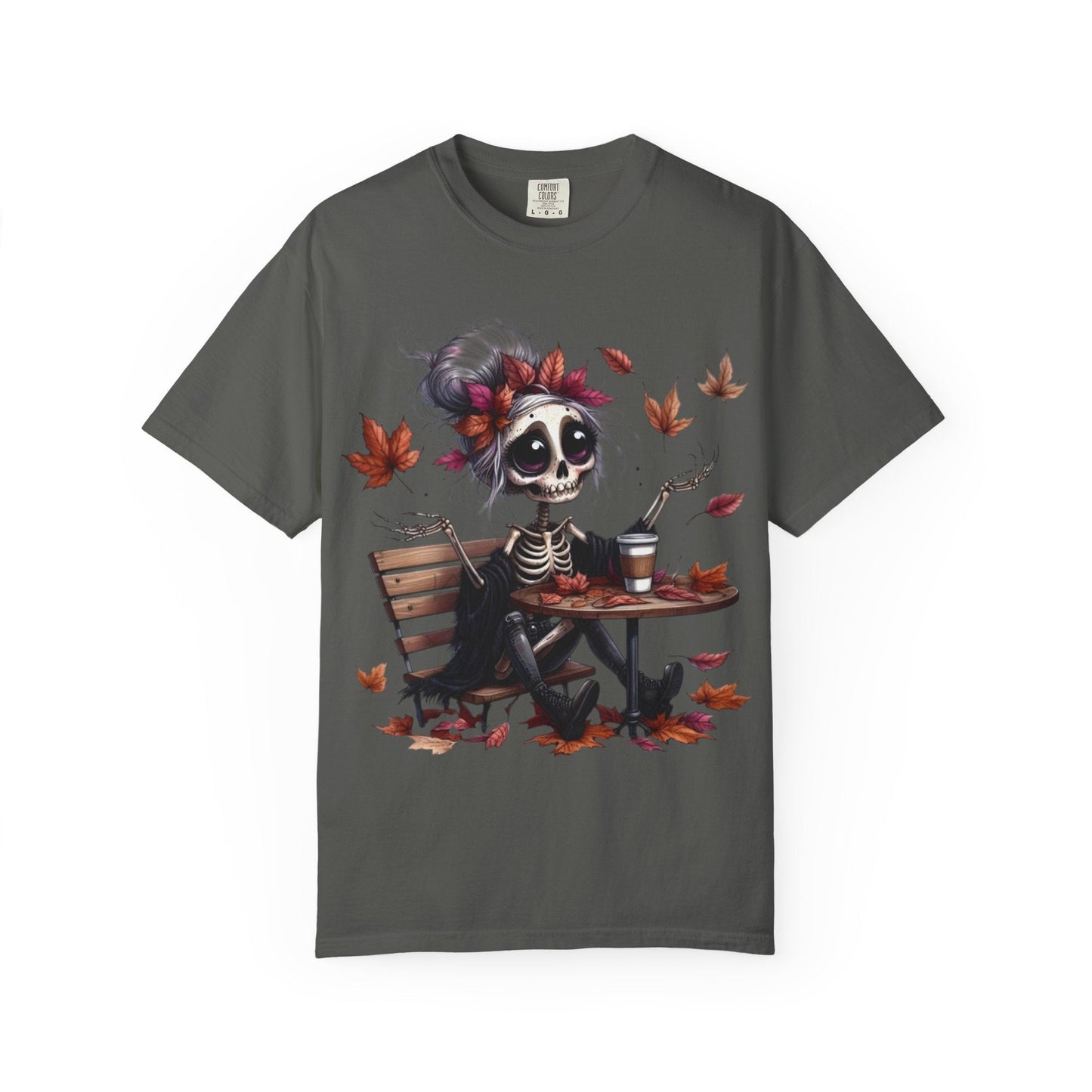 Autumn Vibe Skeleton Tee, Unisex Garment - Dyed T-shirt, Halloween Shirt, Fall Apparel, Skull Graphic Tee, Everyday Casual Wear - Metamorphosis Creations