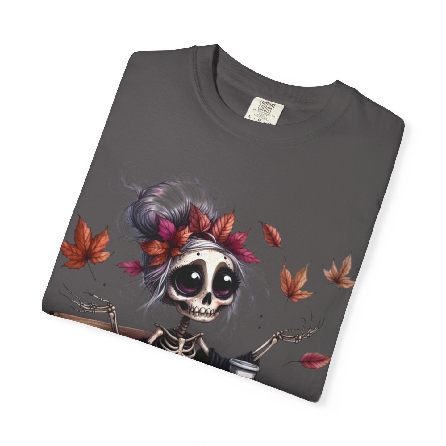 Autumn Vibe Skeleton Tee, Unisex Garment - Dyed T-shirt, Halloween Shirt, Fall Apparel, Skull Graphic Tee, Everyday Casual Wear - Metamorphosis Creations
