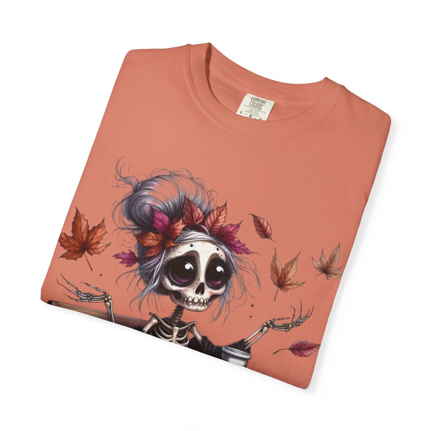 Autumn Vibe Skeleton Tee, Unisex Garment - Dyed T-shirt, Halloween Shirt, Fall Apparel, Skull Graphic Tee, Everyday Casual Wear - Metamorphosis Creations