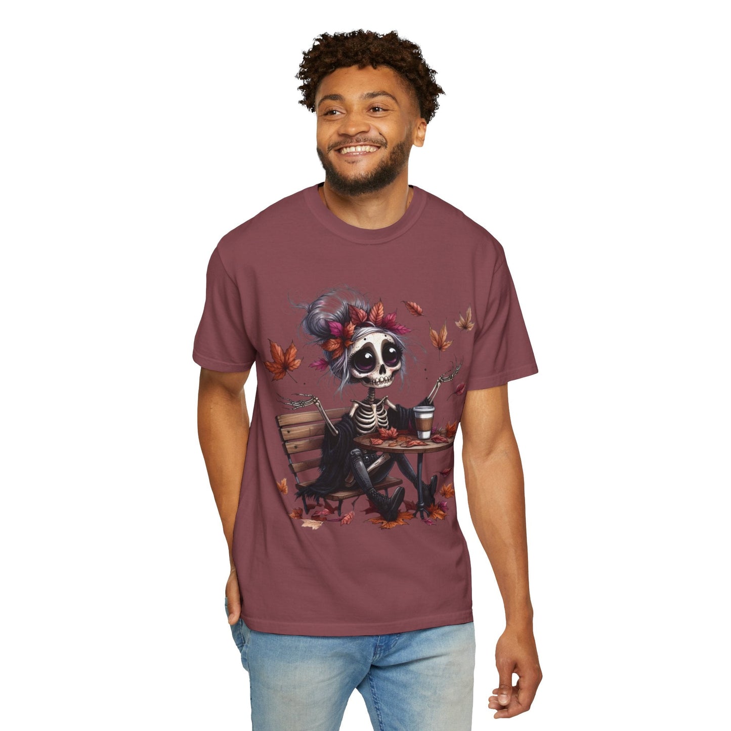 Autumn Vibe Skeleton Tee, Unisex Garment - Dyed T-shirt, Halloween Shirt, Fall Apparel, Skull Graphic Tee, Everyday Casual Wear - Metamorphosis Creations